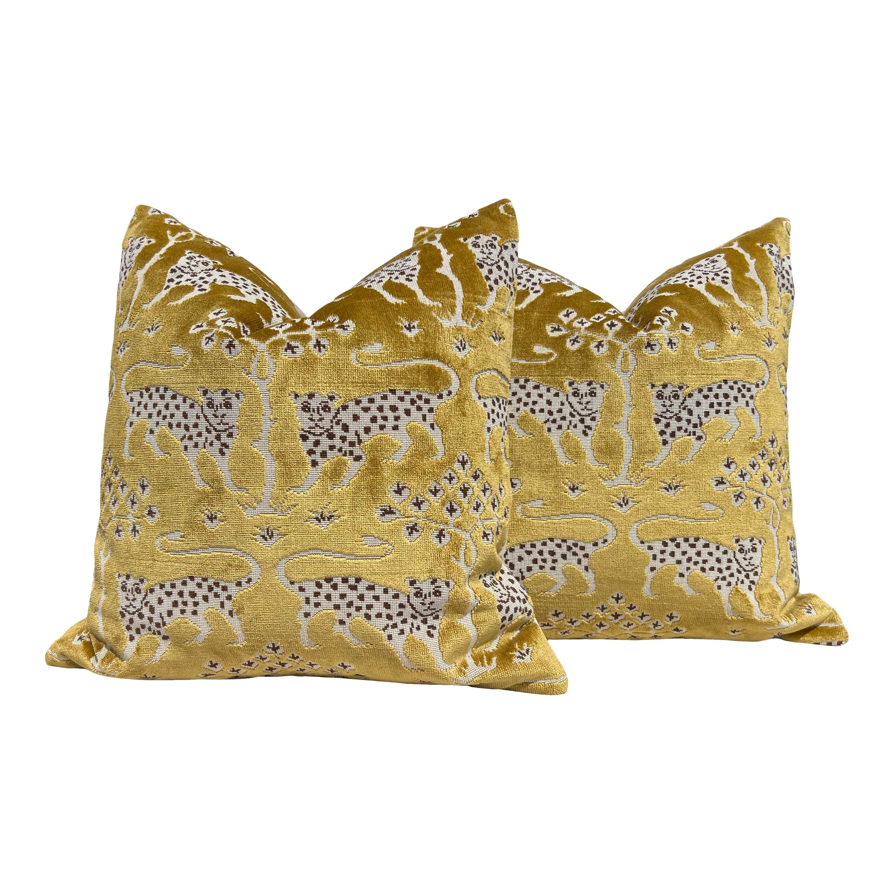 Schumacher Gold Velvet Pillow with Leopard Print, Luxury Designer Cushion, Bronze Accent Home Decor, Decorative Pillow Covers