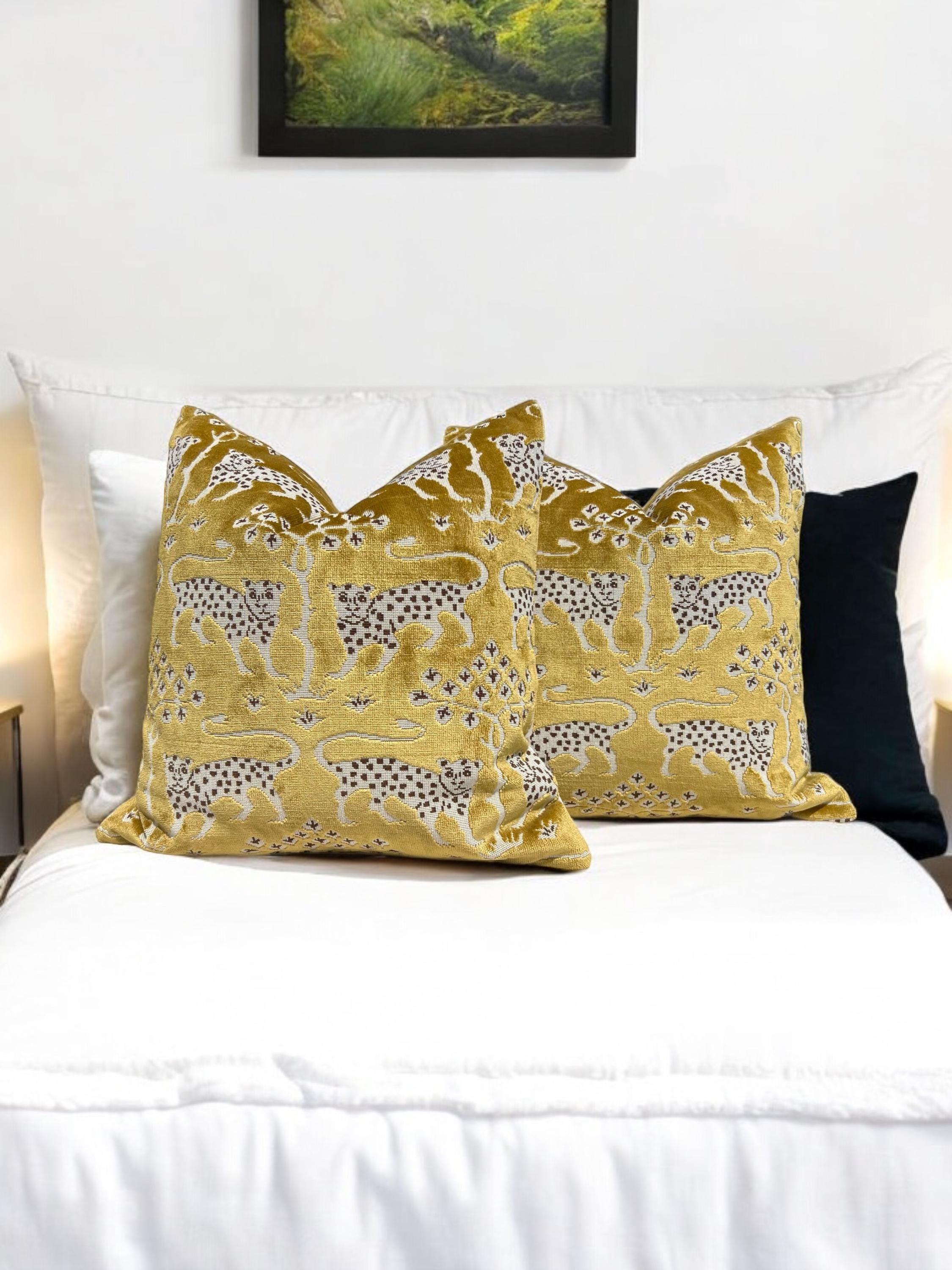 Schumacher Gold Velvet Pillow with Leopard Print, Luxury Designer Cushion, Bronze Accent Home Decor, Decorative Pillow Covers