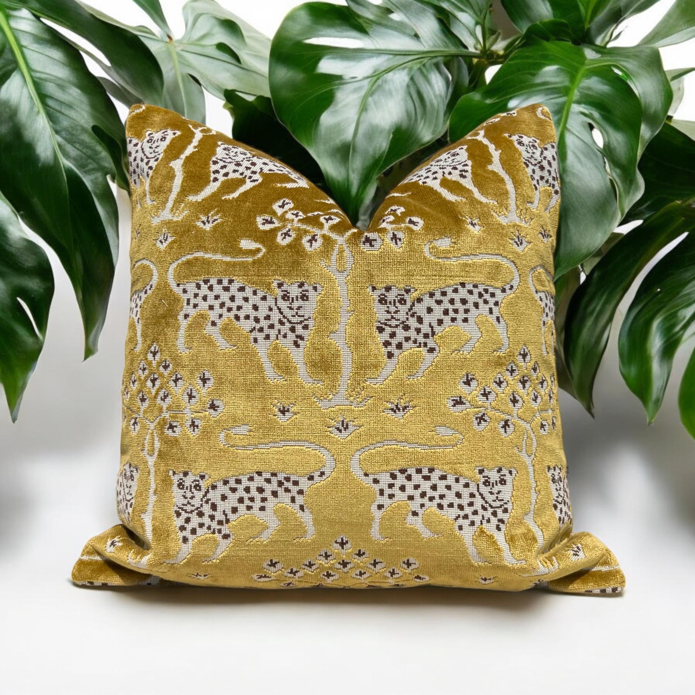 Schumacher Gold Velvet Pillow with Leopard Print, Luxury Designer Cushion, Bronze Accent Home Decor, Decorative Pillow Covers