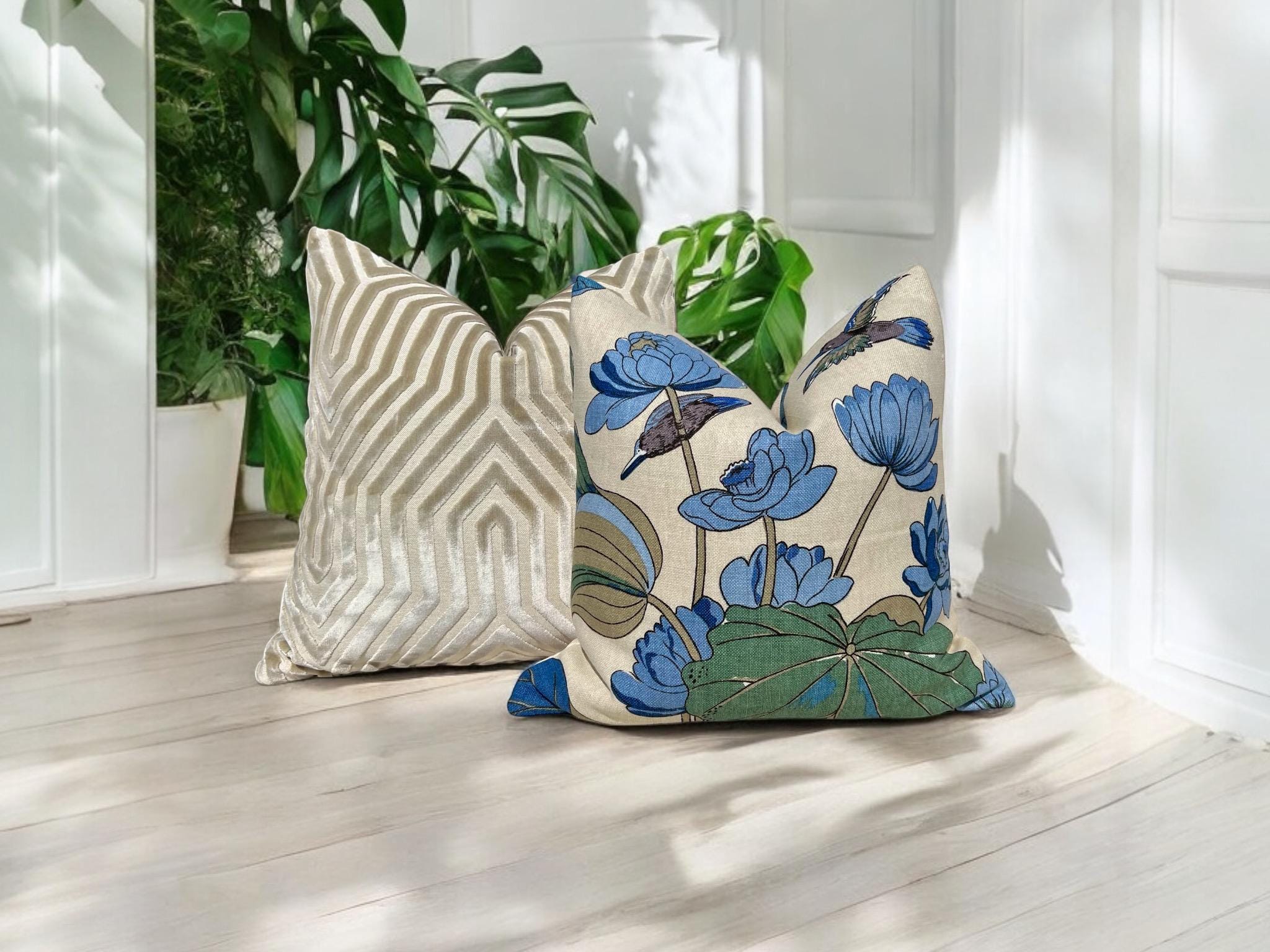 GP & J Baker Nympheus Linen Pillow in Teal. Designer Accent Floral Pillows, High End Cushion Covers, Decorative Exotic Bird Throw Pillow