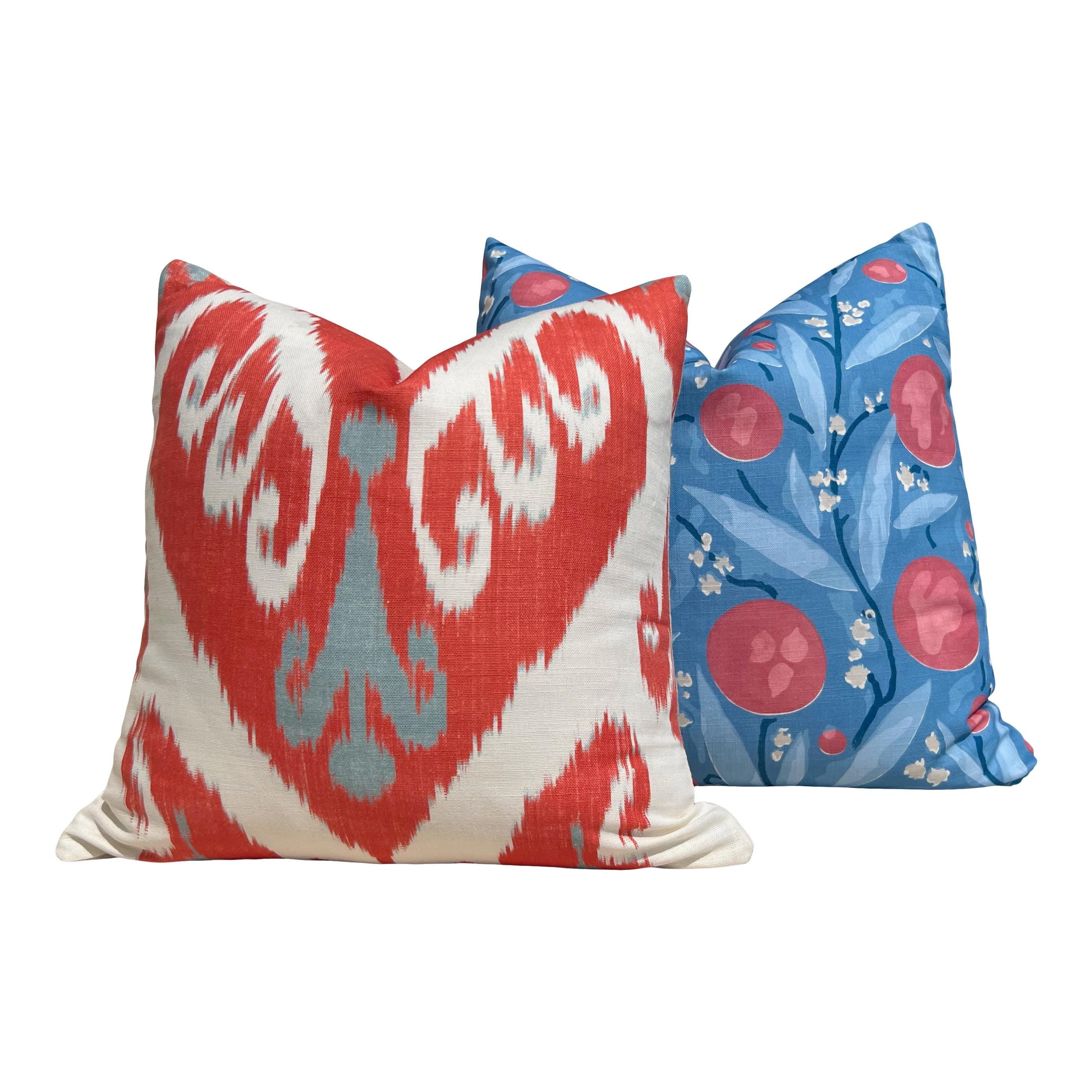 Thibaut Indies Ikat Pillow in Coral Aqua. Designer Cushion, Boho Red Aqua Accent Pillow, Euro Sham 26x26, Geometric Bohemian Decor Pillow