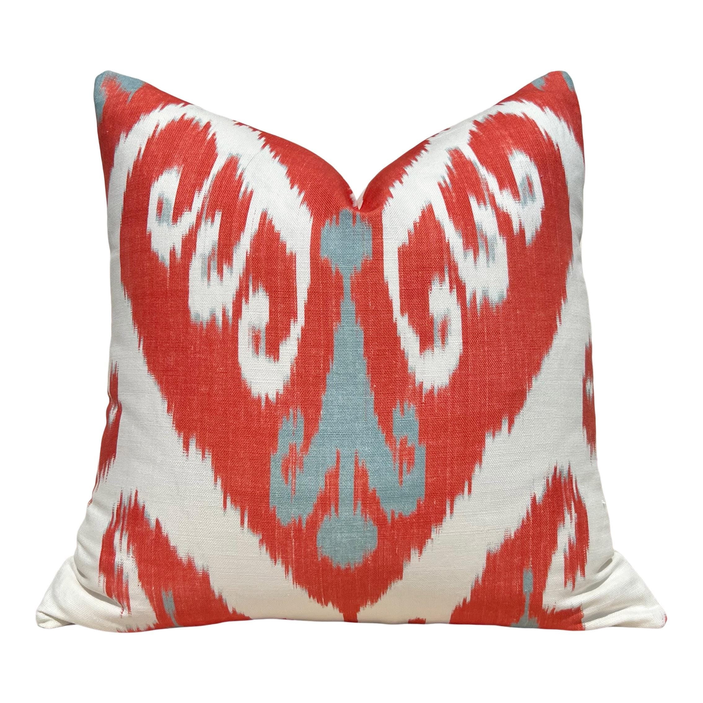 Thibaut Indies Ikat Pillow in Coral Aqua. Designer Cushion, Boho Red Aqua Accent Pillow, Euro Sham 26x26, Geometric Bohemian Decor Pillow