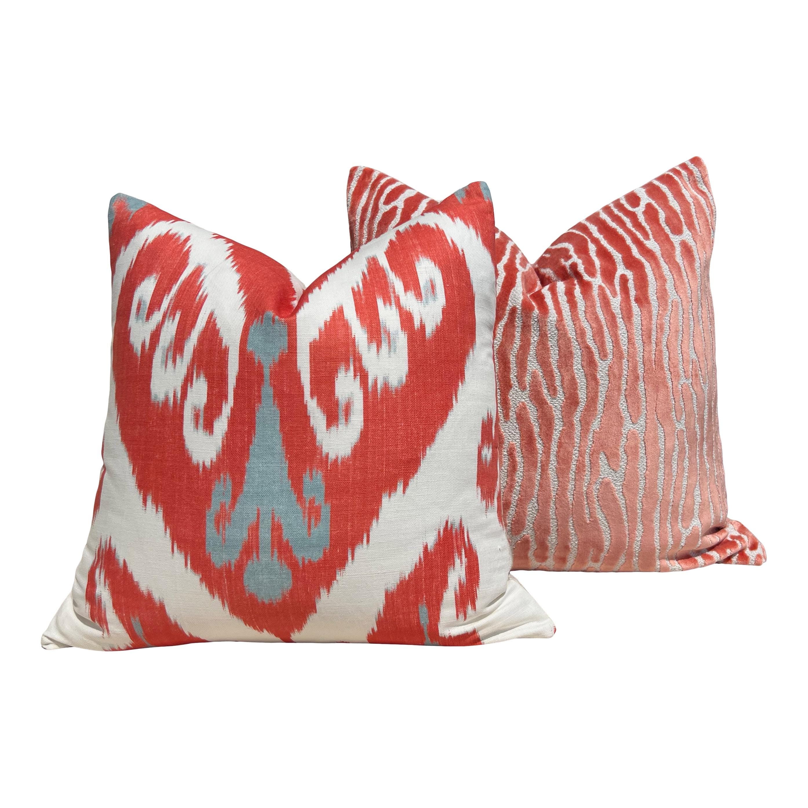 Thibaut Indies Ikat Pillow in Coral Aqua. Designer Cushion, Boho Red Aqua Accent Pillow, Euro Sham 26x26, Geometric Bohemian Decor Pillow
