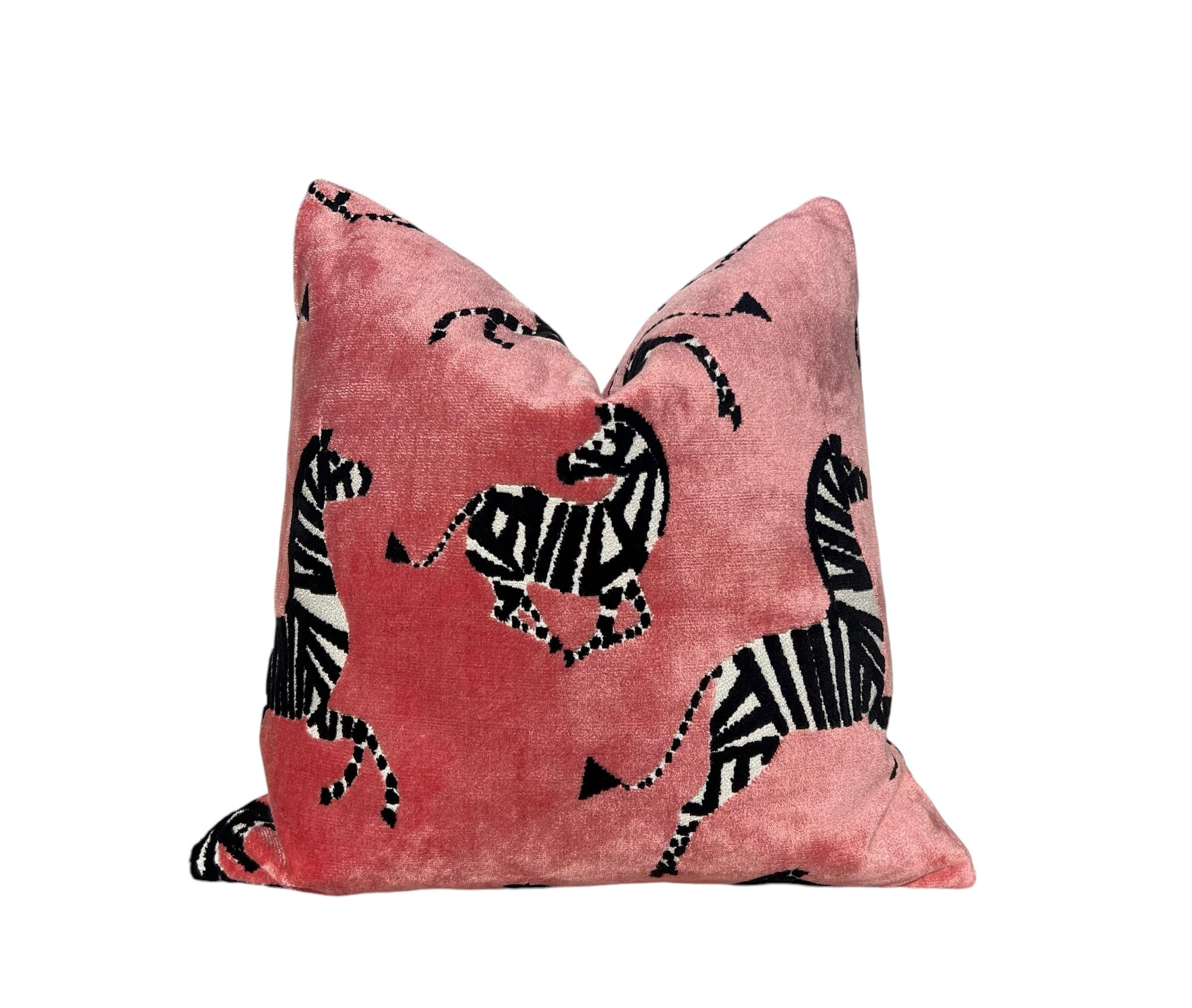 Zebra Velvet Pillow in Pink, Luxe Designer Throw Pillow, Bold Animal Print Cushion, Safari-Inspired Home Decor