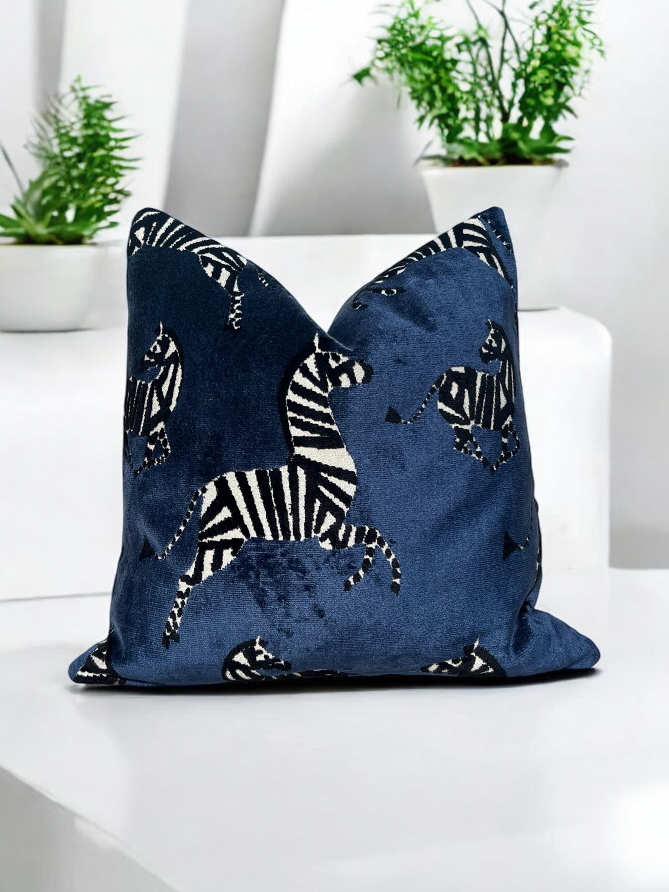 Zebra Velvet Pillow in Navy Blue, Luxe Designer Throw Pillow, Bold Animal Print Cushion, Safari-Inspired Home Decor