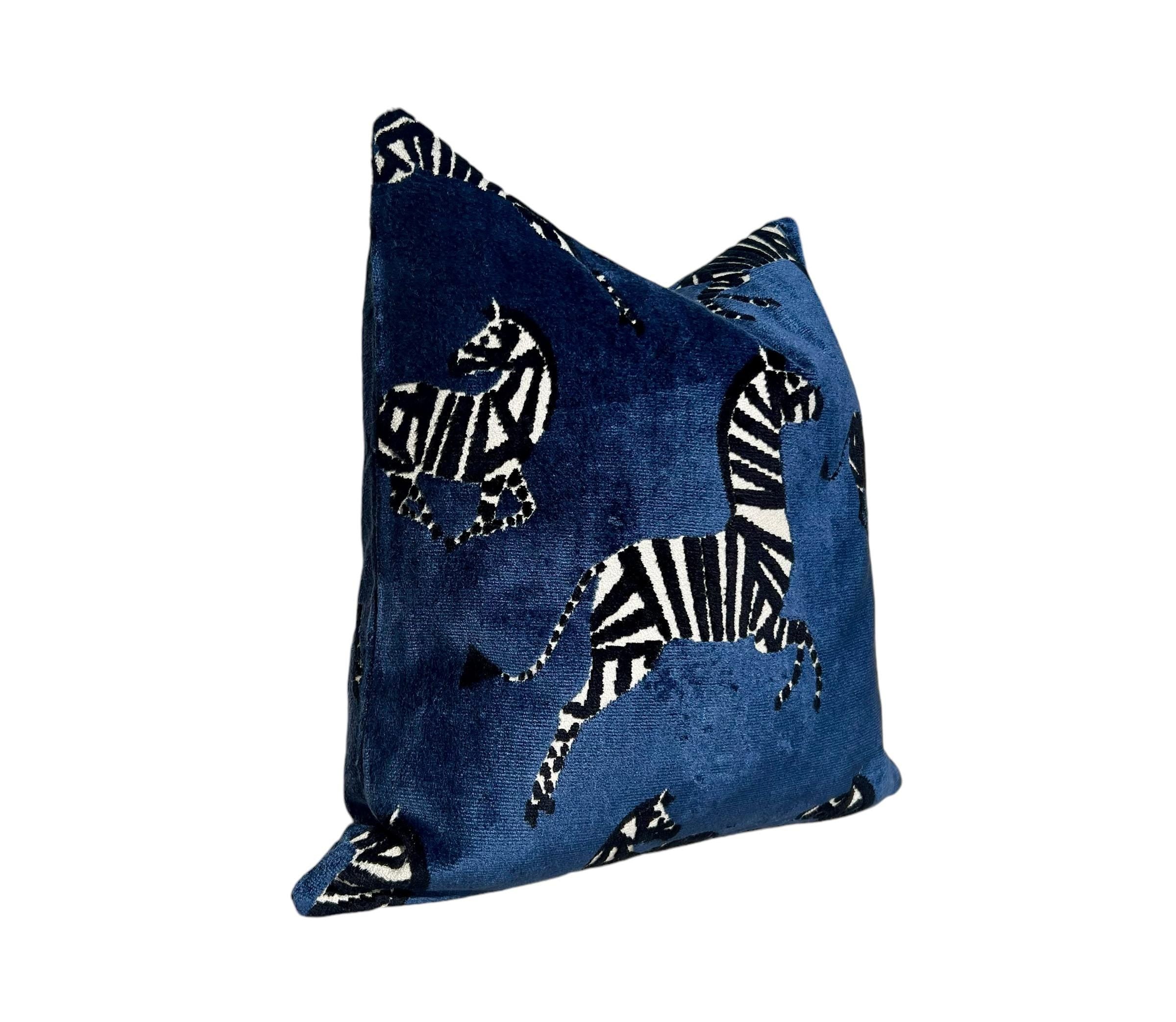 Zebra Velvet Pillow in Navy Blue, Luxe Designer Throw Pillow, Bold Animal Print Cushion, Safari-Inspired Home Decor