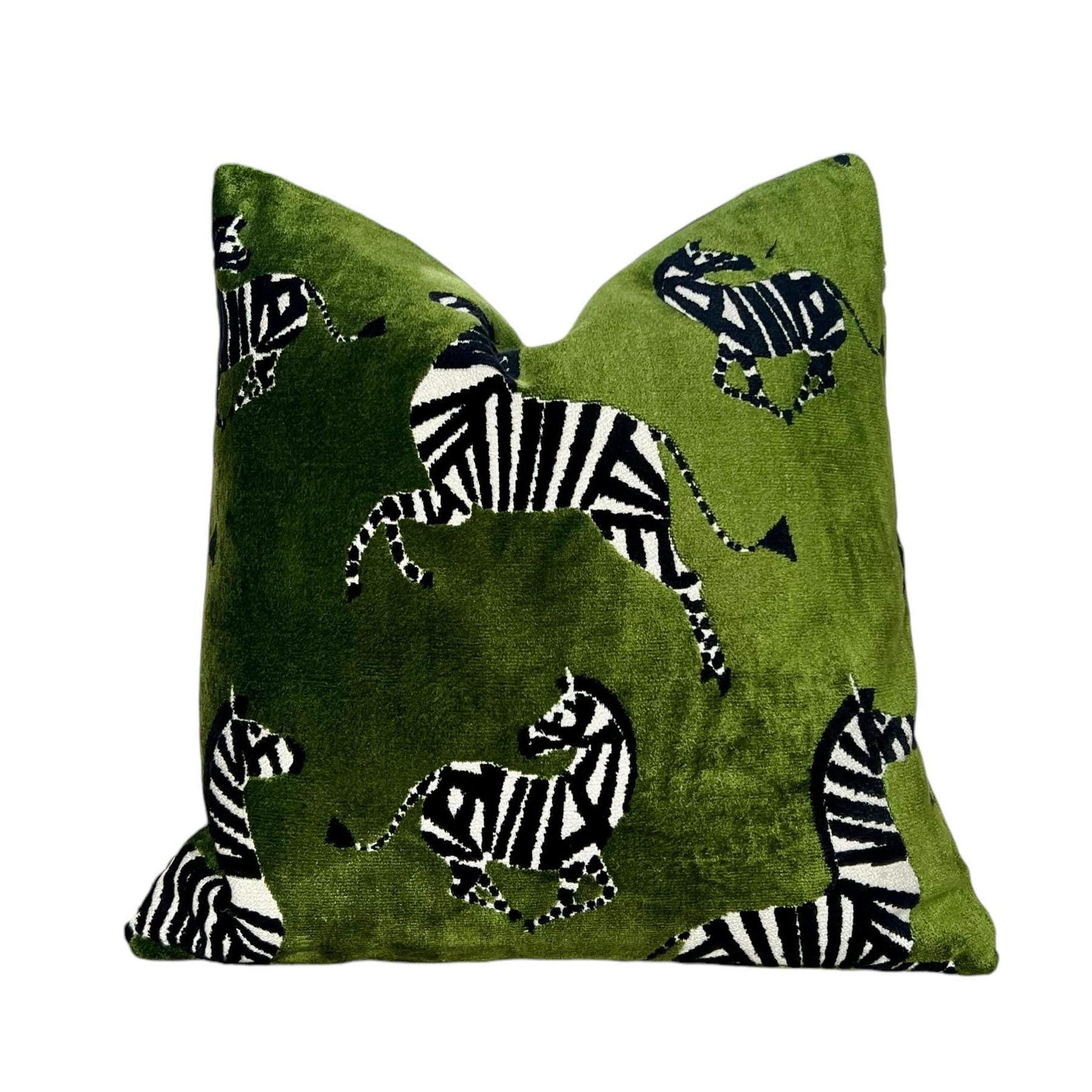 Zebra Velvet Pillow in Green, Luxe Designer Animal Print Cushion, Bold Safari-Inspired Home Decor, Modern Green Velvet Pillow Cover