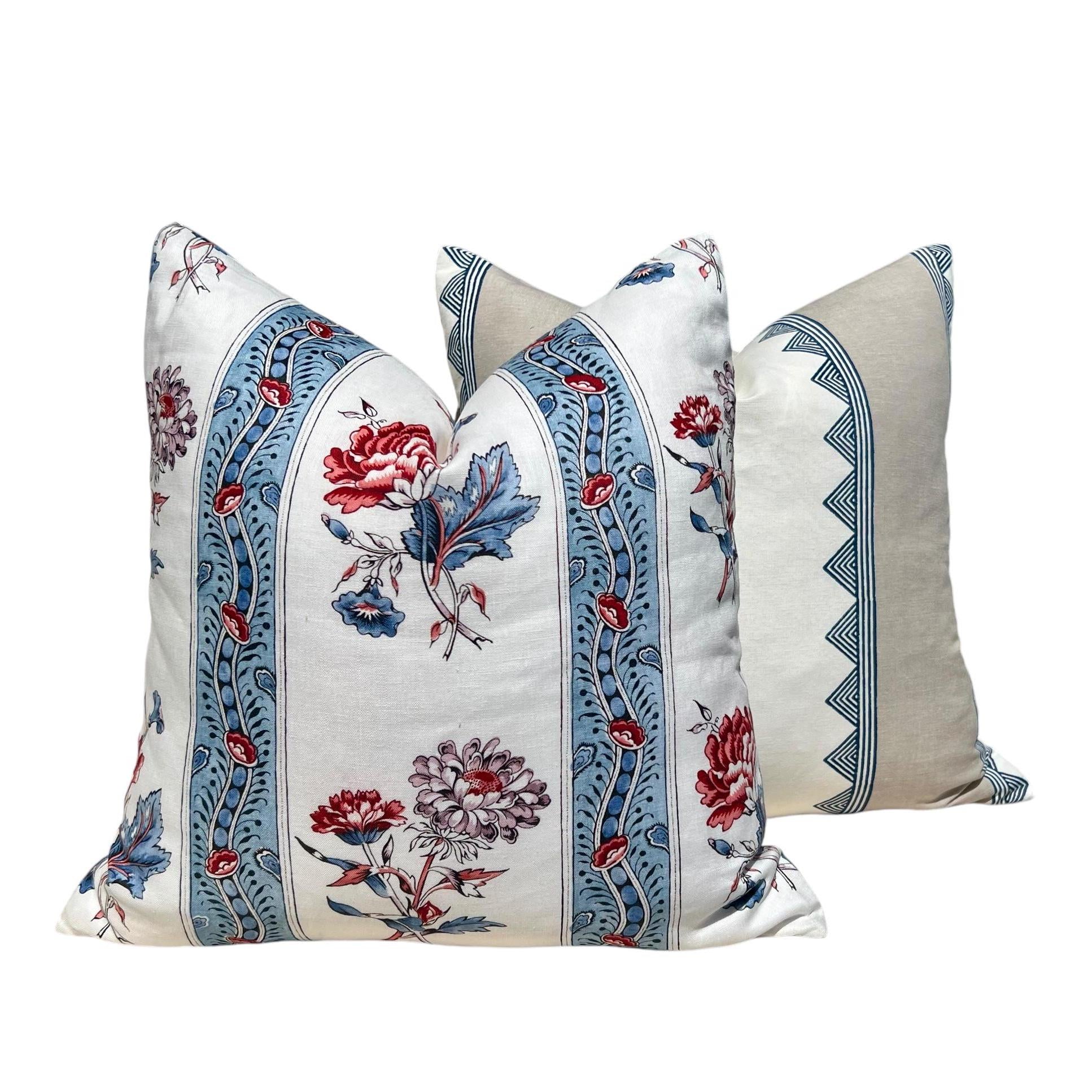 Schumacher Ariana Floral Stripe Linen Pillow in Red and Blue, French Floral Cushion in Blue Red, Designer Linen Cushion, Euro Sham Pillow