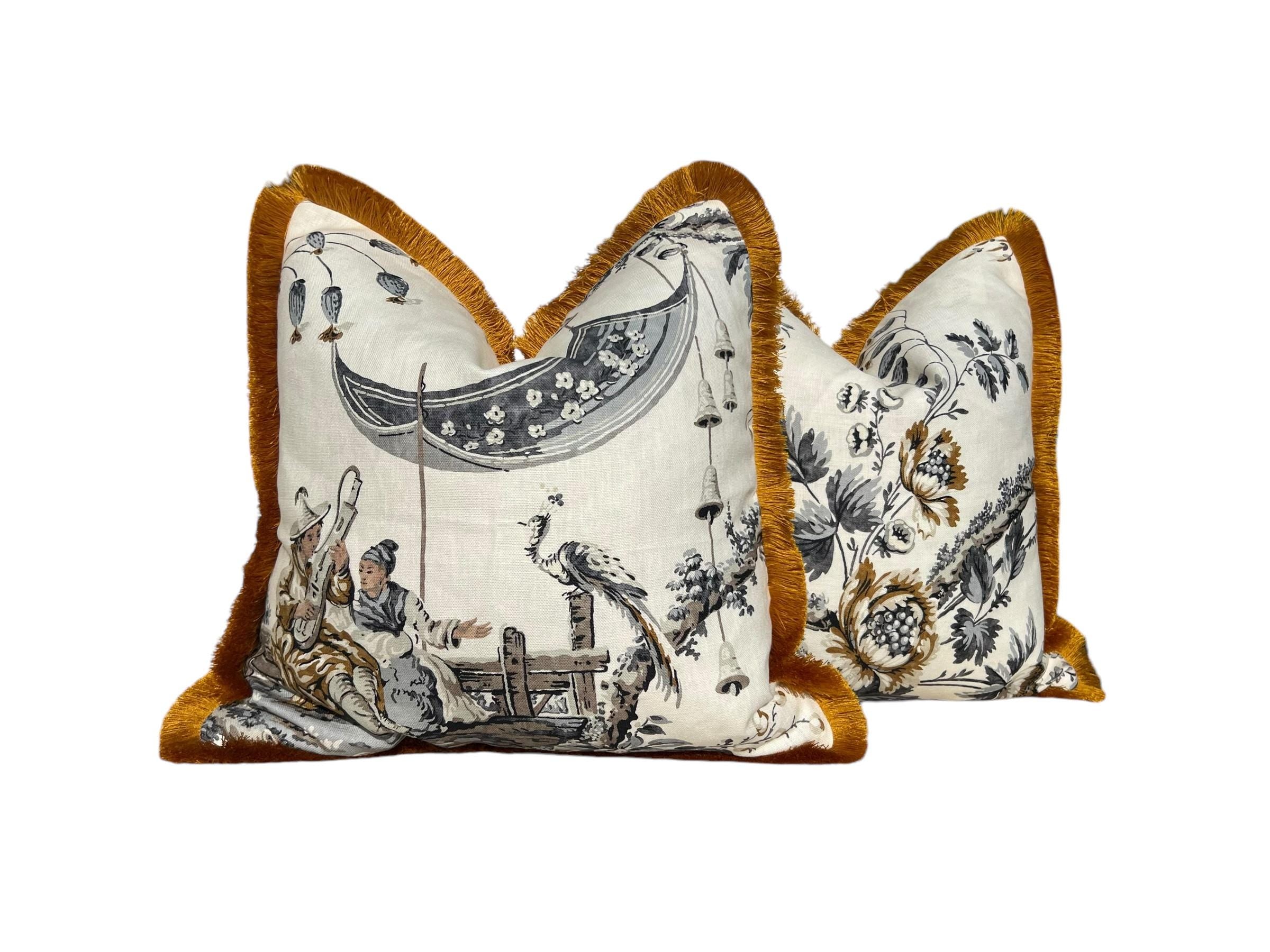 Emperor's Musician Pillow Cover in Charcoal Gray and Bronze with Brush Trim – Chinoiserie Linen Cushion, Designer Euro Sham Accent