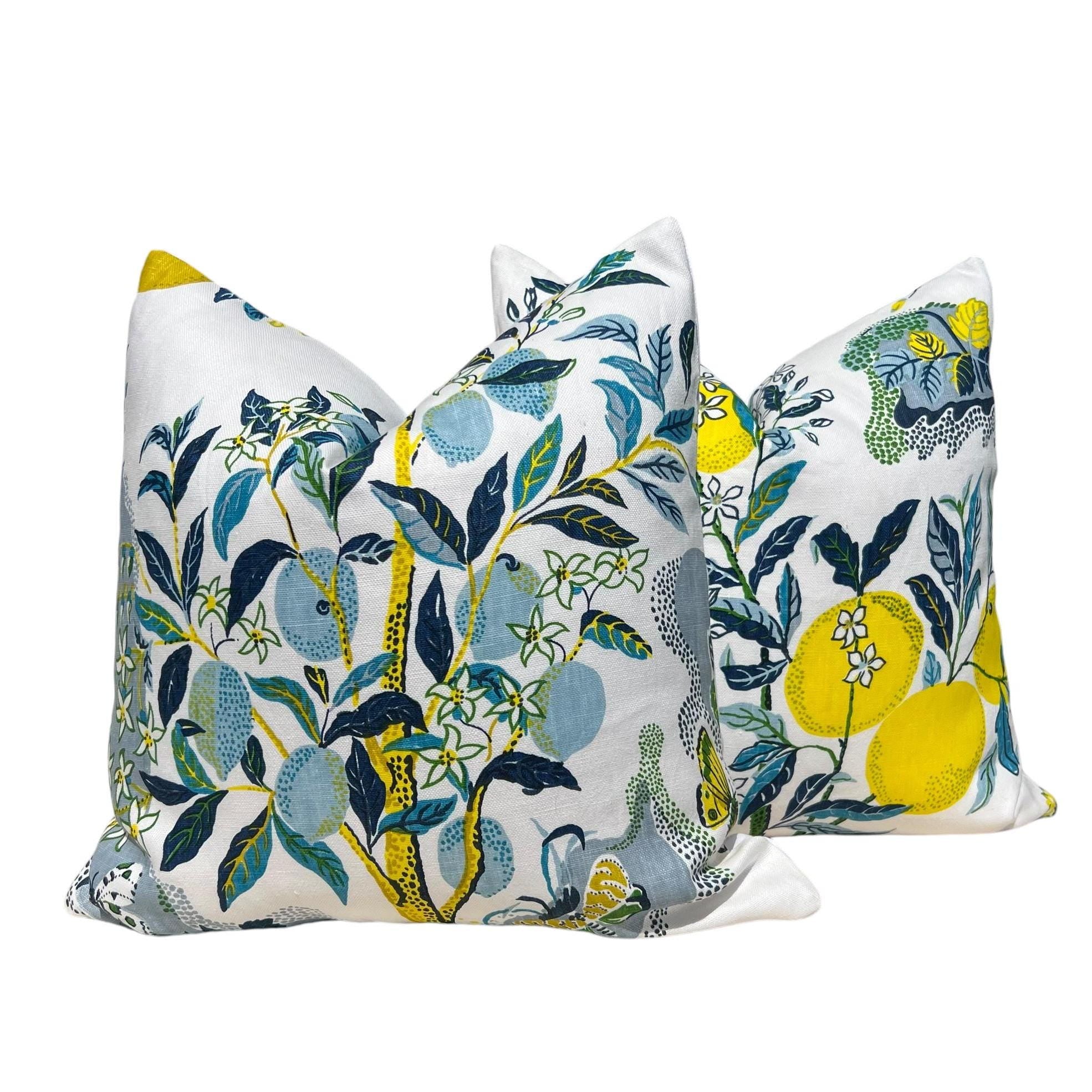 Schumacher Citrus Garden Linen Pillow Cover in Pool, Designer Floral Cushion with Lemons, Aqua Blue Linen Pillow Cover, Lumbar Citrus Pillow