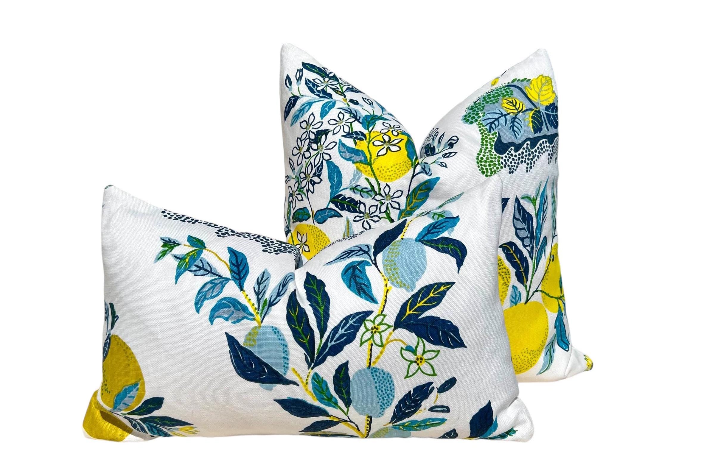 Schumacher Citrus Garden Linen Pillow Cover in Pool, Designer Floral Cushion with Lemons, Aqua Blue Linen Pillow Cover, Lumbar Citrus Pillow