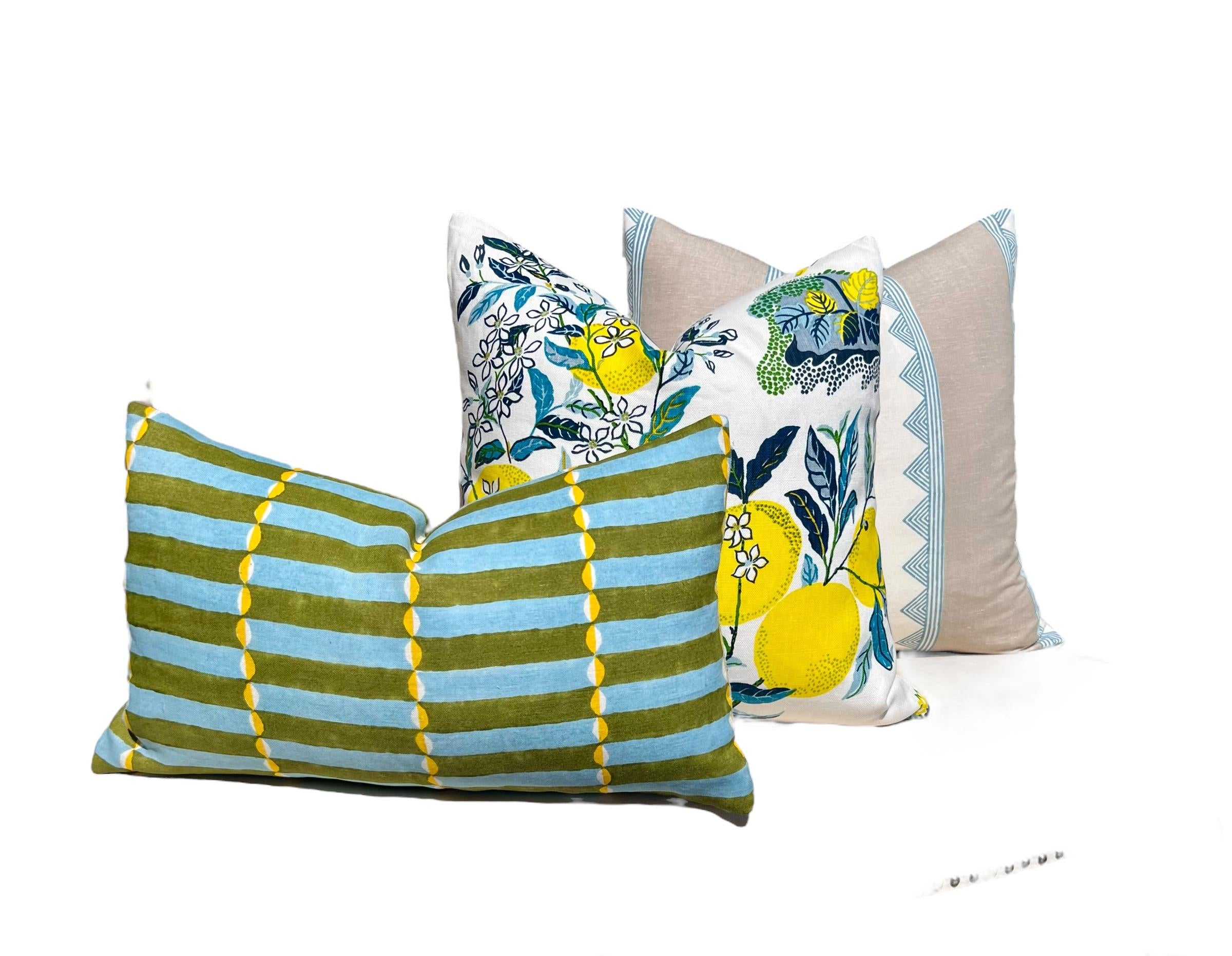 Schumacher Luna Hand Block Print Linen Pillow in Khaki by Molly Mahon – Designer Pillow Cover, Modern Geometric Decorative Cushion Covers