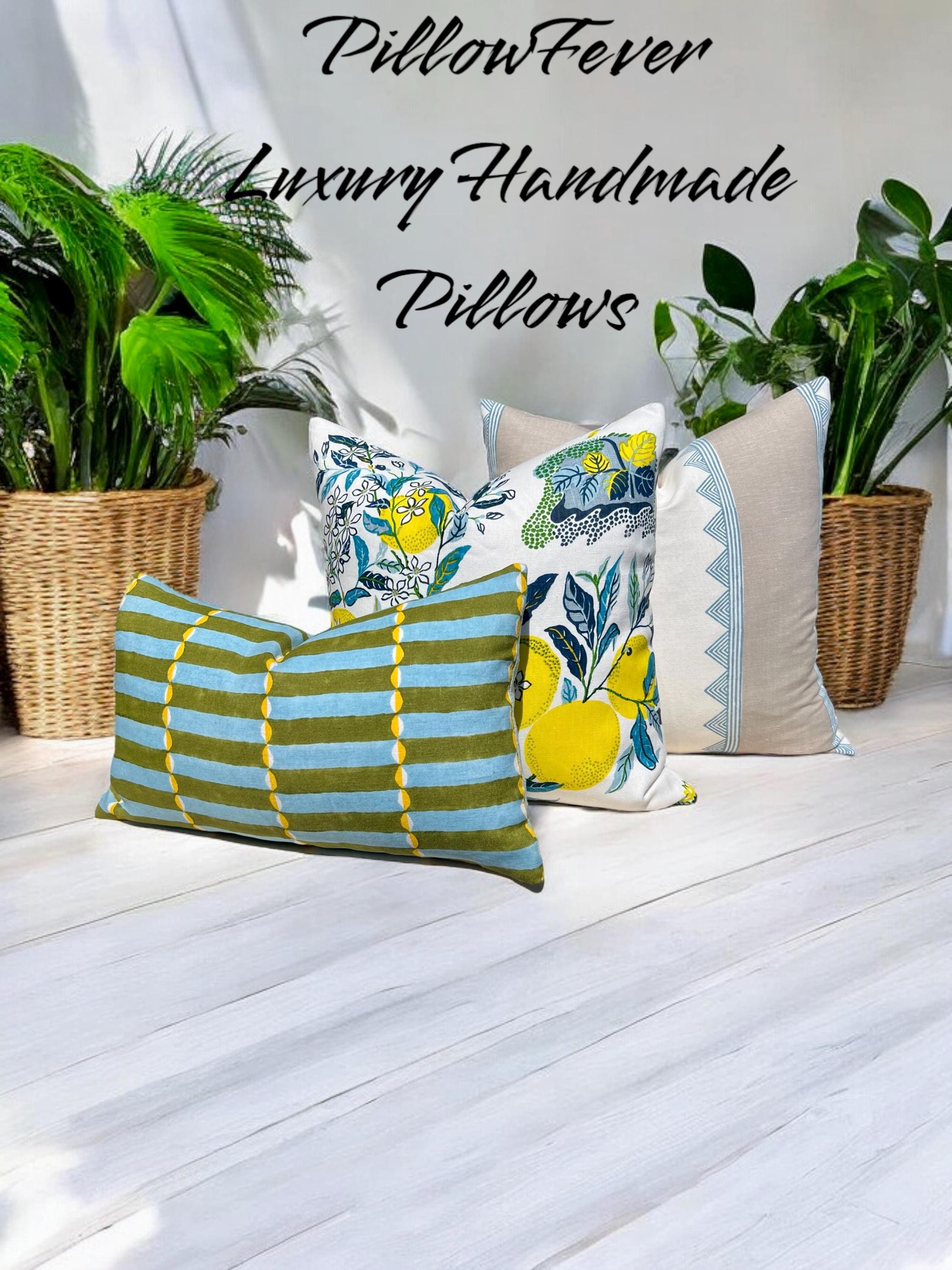 Schumacher Luna Hand Block Print Linen Pillow in Khaki by Molly Mahon – Designer Pillow Cover, Modern Geometric Decorative Cushion Covers
