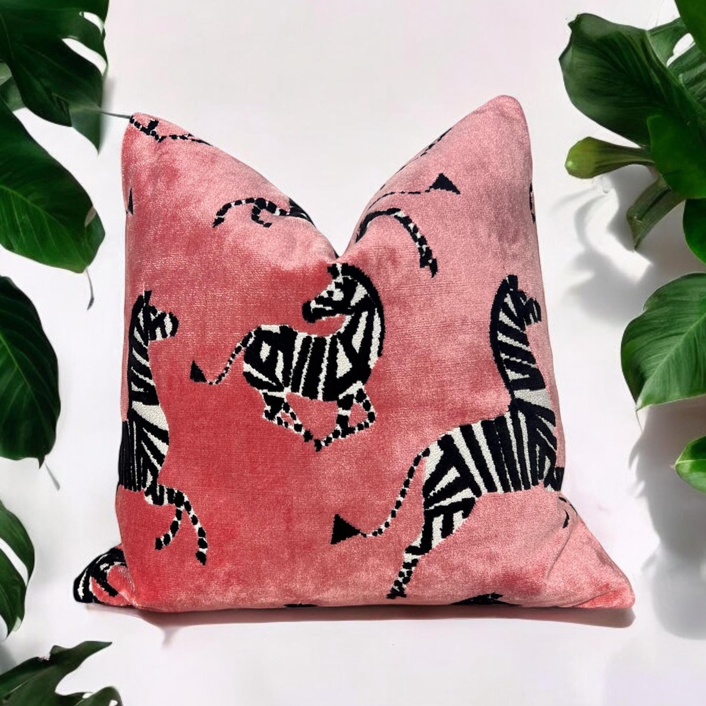 Zebra Velvet Pillow in Pink, Luxe Designer Throw Pillow, Bold Animal Print Cushion, Safari-Inspired Home Decor