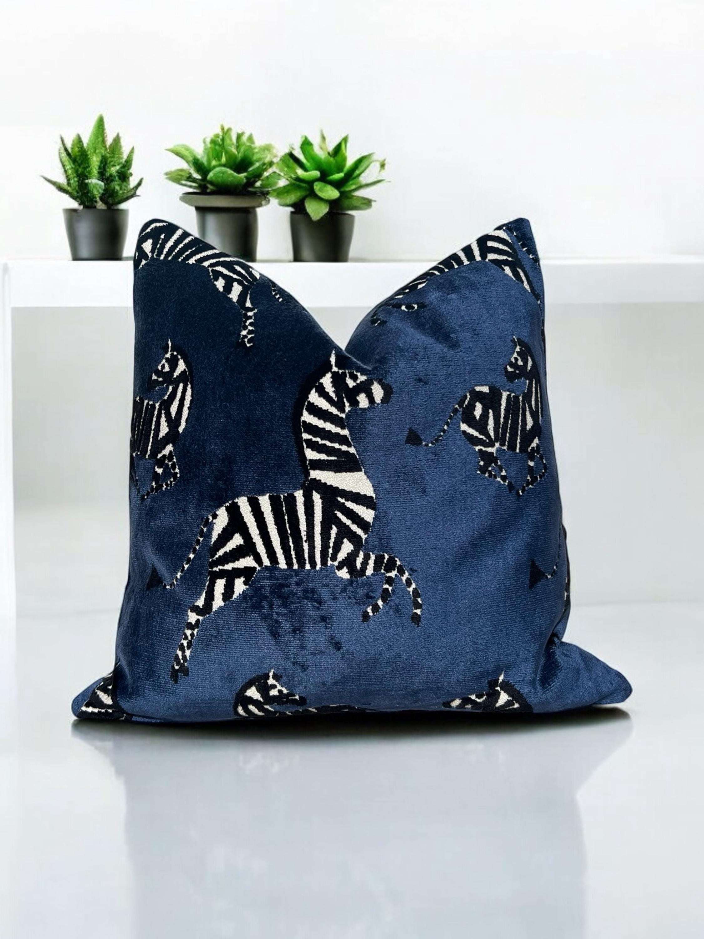 Zebra Velvet Pillow in Navy Blue, Luxe Designer Throw Pillow, Bold Animal Print Cushion, Safari-Inspired Home Decor