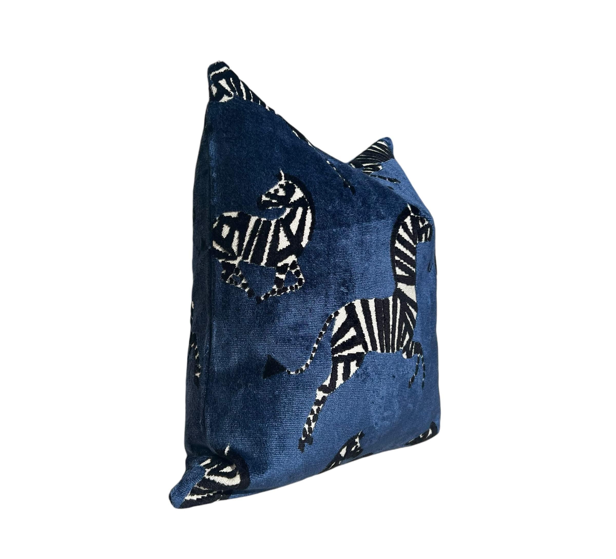 Zebra Velvet Pillow in Navy Blue, Luxe Designer Throw Pillow, Bold Animal Print Cushion, Safari-Inspired Home Decor