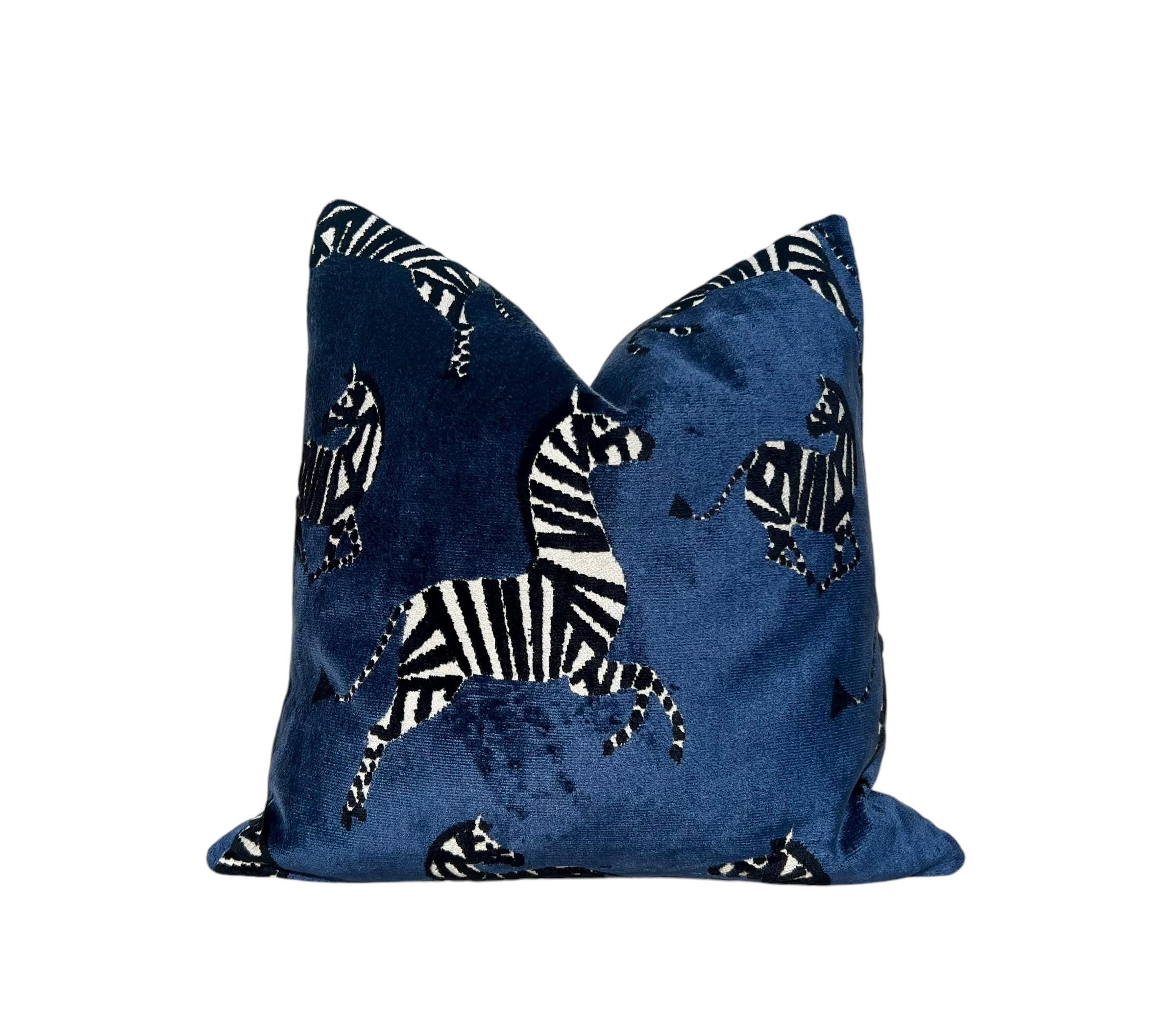 Zebra Velvet Pillow in Navy Blue, Luxe Designer Throw Pillow, Bold Animal Print Cushion, Safari-Inspired Home Decor