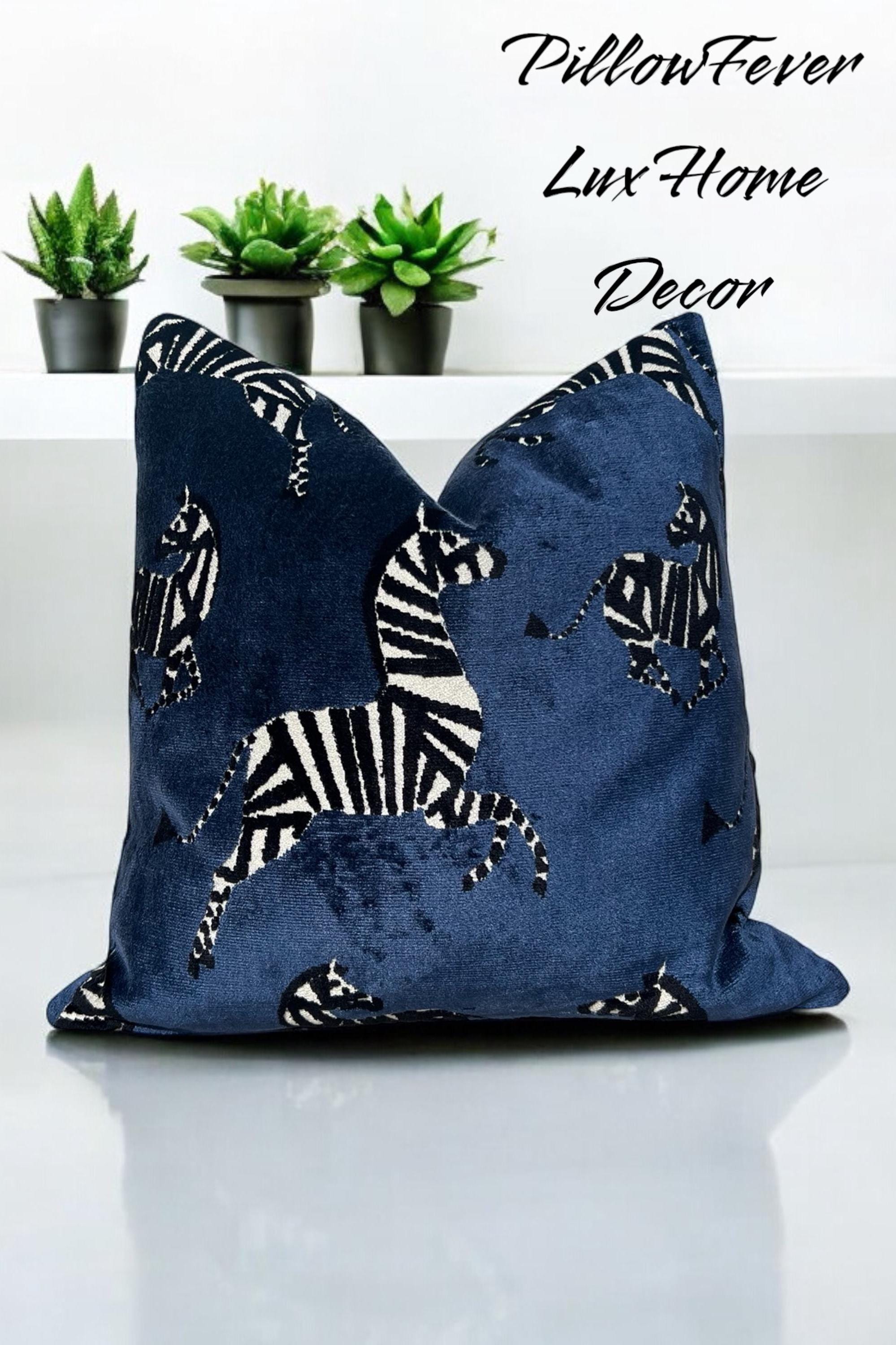 Zebra Velvet Pillow in Navy Blue, Luxe Designer Throw Pillow, Bold Animal Print Cushion, Safari-Inspired Home Decor