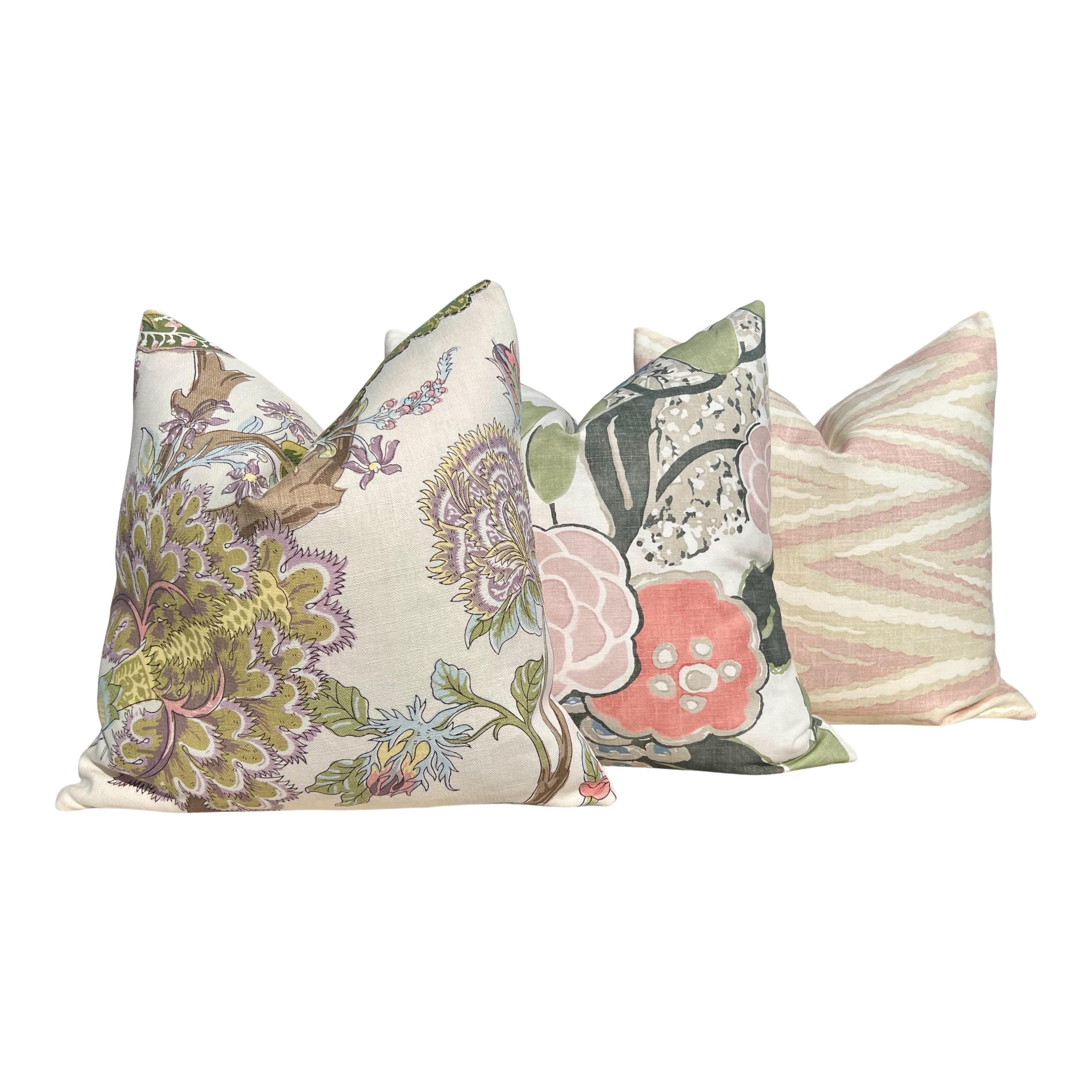 Thibaut Laura Pillow Cover in Blush and Green – Linen Floral Decorative Throw Pillow, Bold Floral Cushion, Designer Home Décor Accent