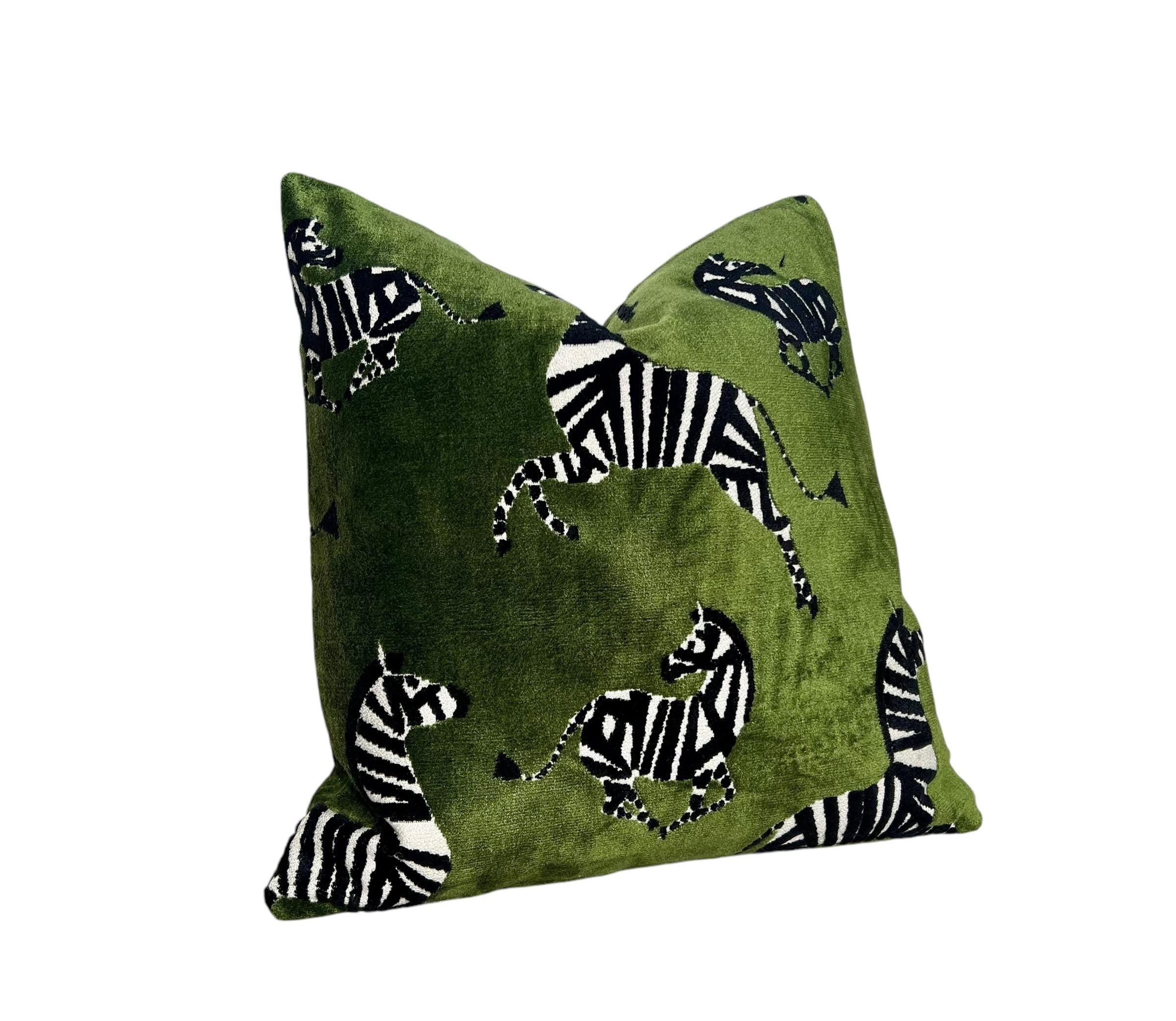 Zebra Velvet Pillow in Green, Luxe Designer Animal Print Cushion, Bold Safari-Inspired Home Decor, Modern Green Velvet Pillow Cover