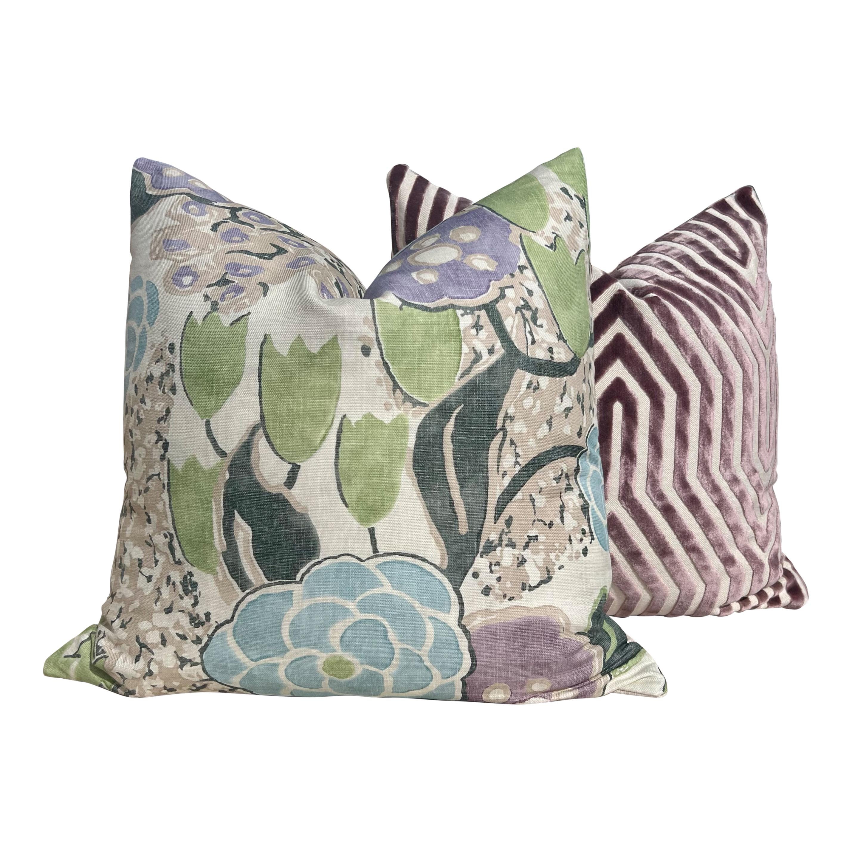 Thibaut Laura Pillow Cover in Lavender and Green – Linen Floral Decorative Throw Pillow, Bold Floral Cushion, Designer Home Décor Accent