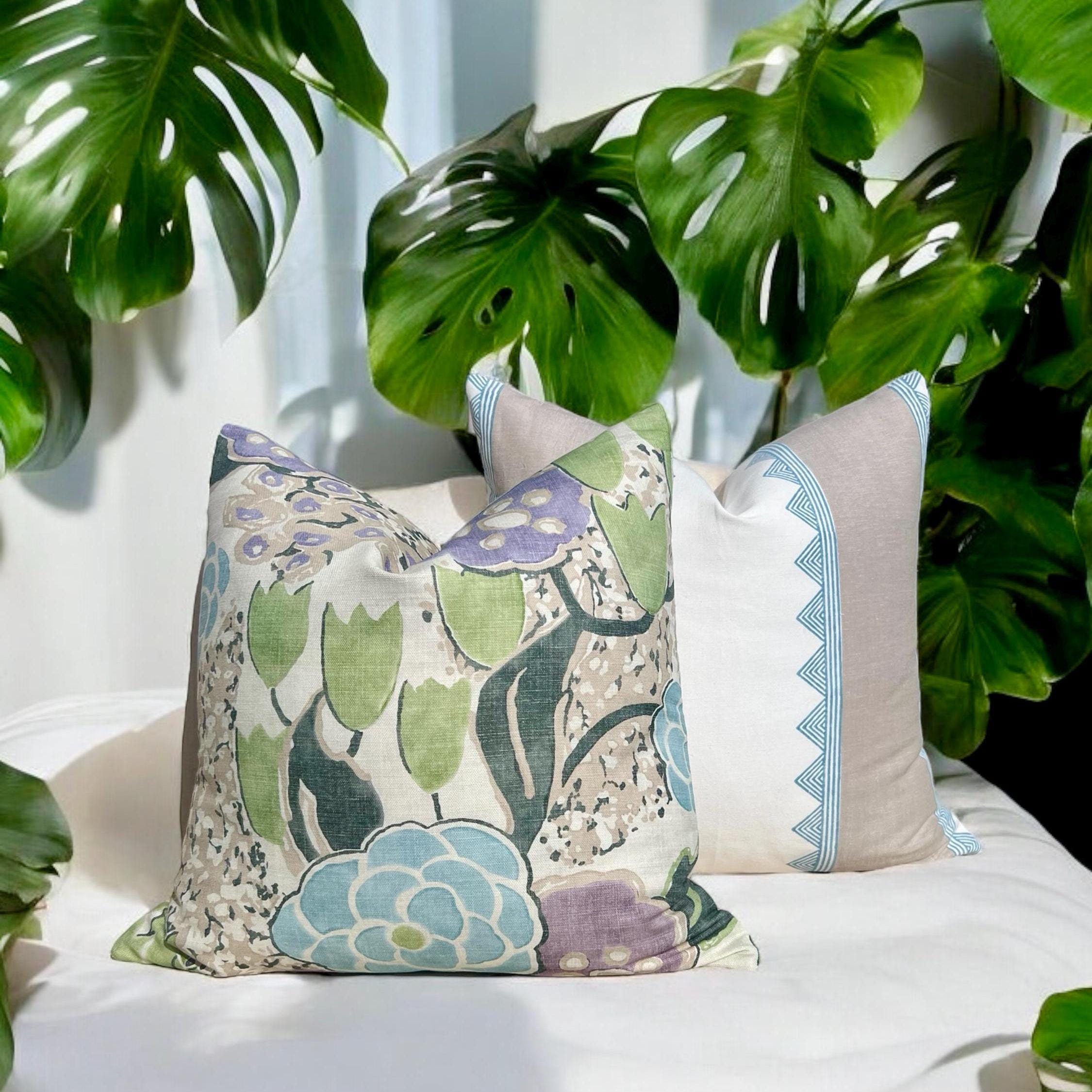 Thibaut Laura Pillow Cover in Lavender and Green – Linen Floral Decorative Throw Pillow, Bold Floral Cushion, Designer Home Décor Accent