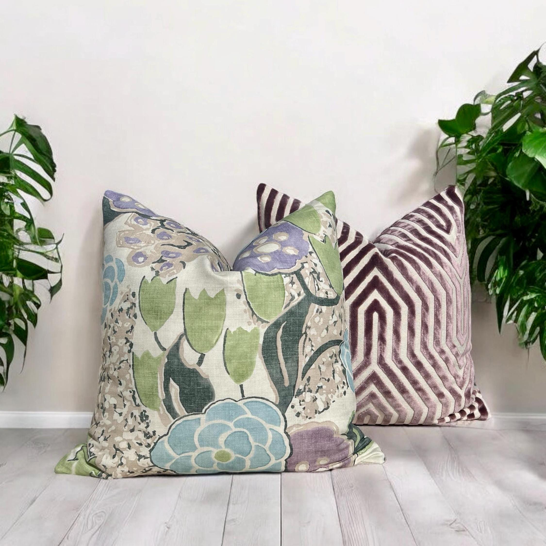 Thibaut Laura Pillow Cover in Lavender and Green – Linen Floral Decorative Throw Pillow, Bold Floral Cushion, Designer Home Décor Accent