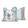 Thibaut Ribbon Floral Pillow Cover in Beige & Spa Blue – Floral Throw Pillow with Trim, Bold Designer Cushion Cover in White, Beige, Blue
