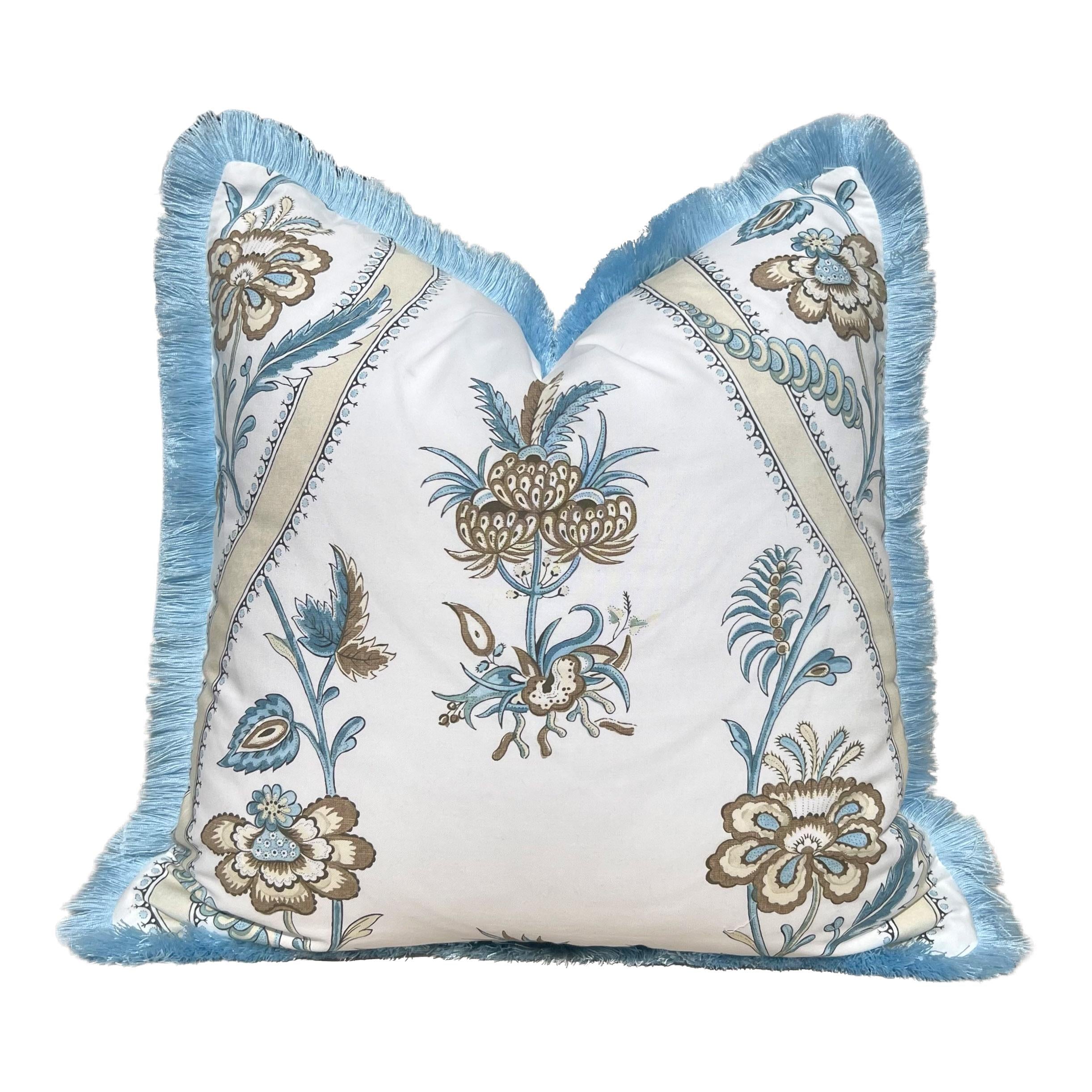 Thibaut Ribbon Floral Pillow Cover in Beige & Spa Blue – Floral Throw Pillow with Trim, Bold Designer Cushion Cover in White, Beige, Blue