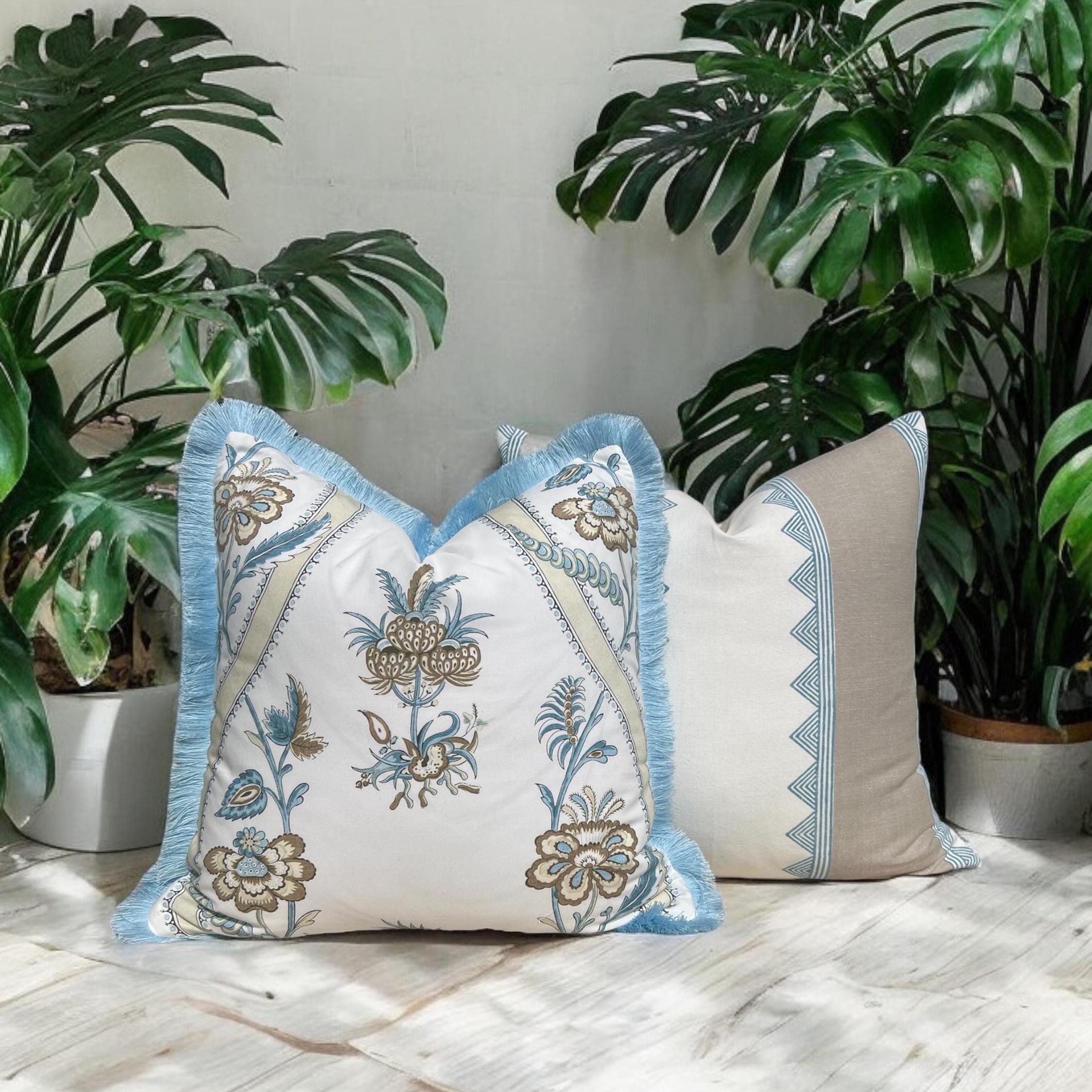 Thibaut Ribbon Floral Pillow Cover in Beige & Spa Blue – Floral Throw Pillow with Trim, Bold Designer Cushion Cover in White, Beige, Blue