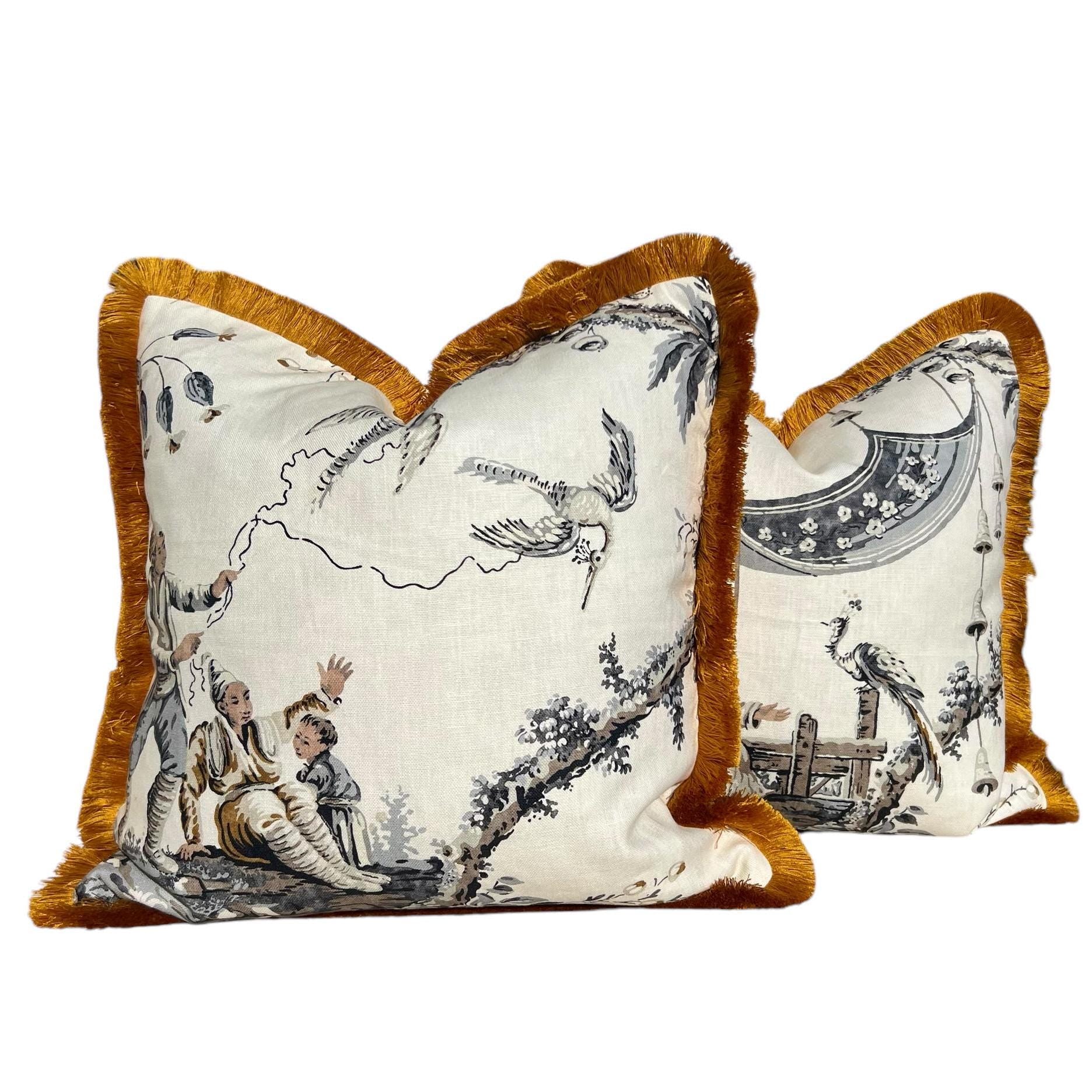 Emperor's Musician Pillow Cover in Charcoal Gray and Bronze with Brush Trim – Chinoiserie Linen Cushion, Designer Euro Sham Accent