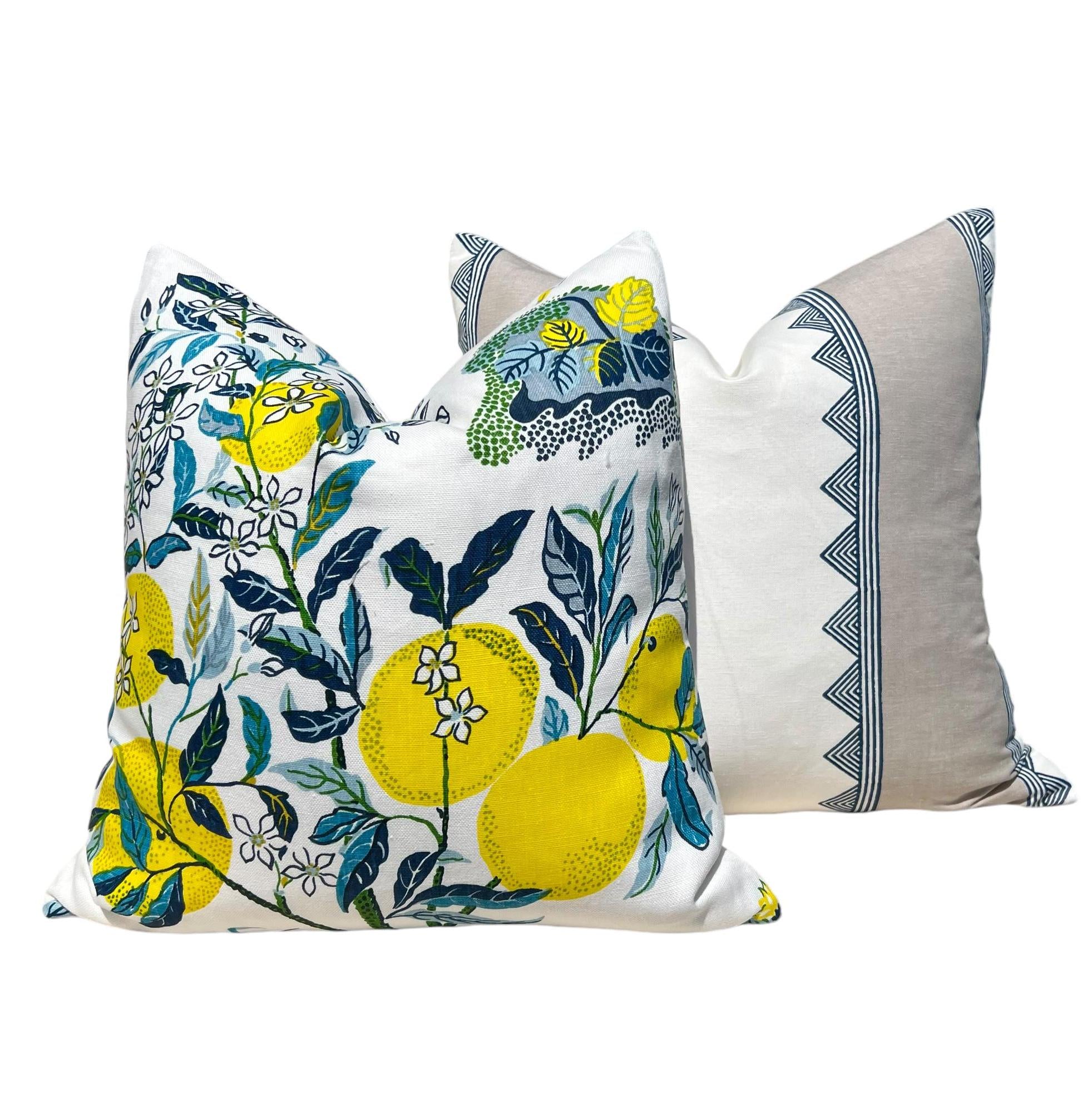Schumacher Citrus Garden Linen Pillow Cover in Pool, Designer Floral Cushion with Lemons, Aqua Blue Linen Pillow Cover, Lumbar Citrus Pillow