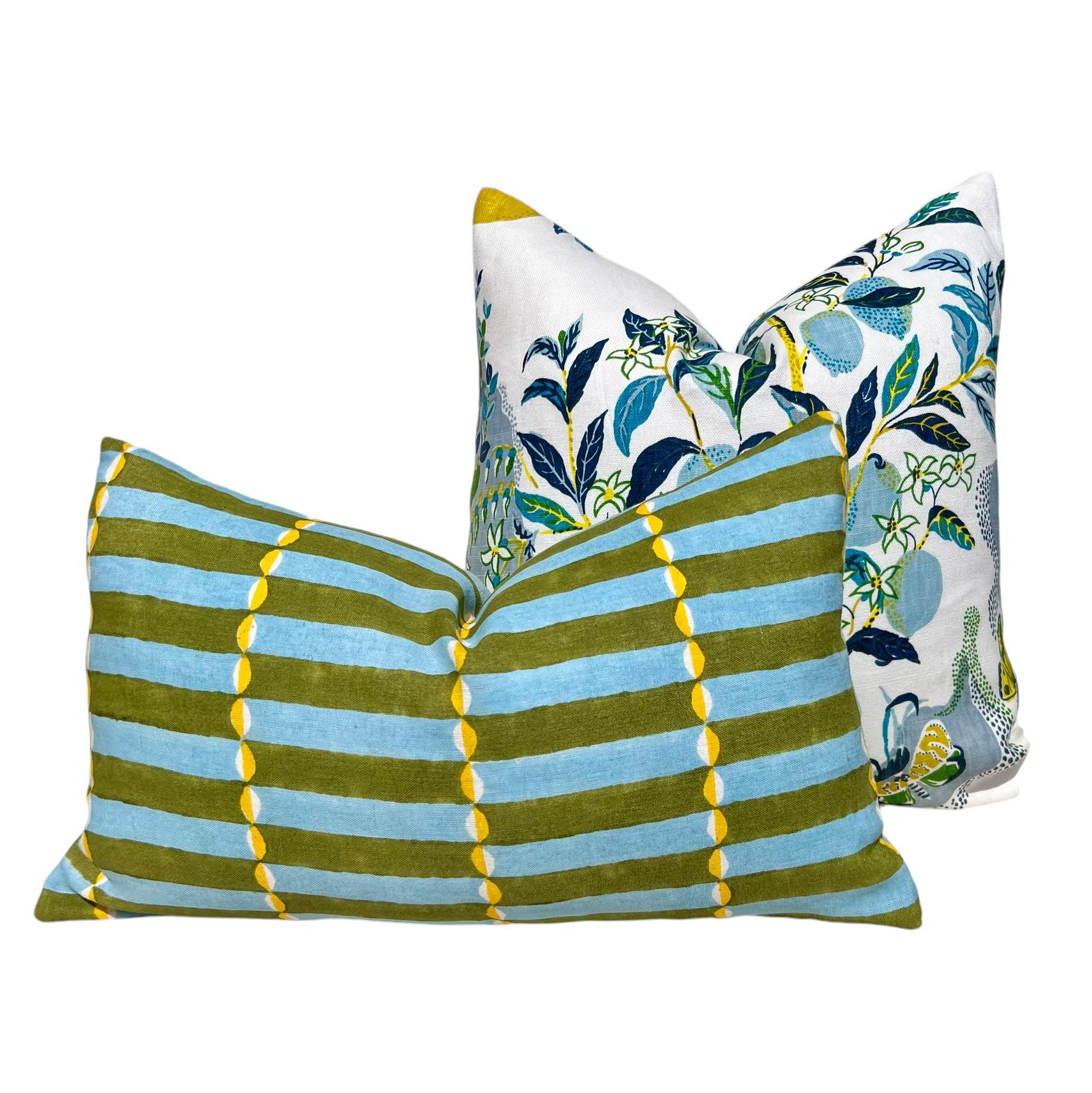 Schumacher Citrus Garden Linen Pillow Cover in Pool, Designer Floral Cushion with Lemons, Aqua Blue Linen Pillow Cover, Lumbar Citrus Pillow