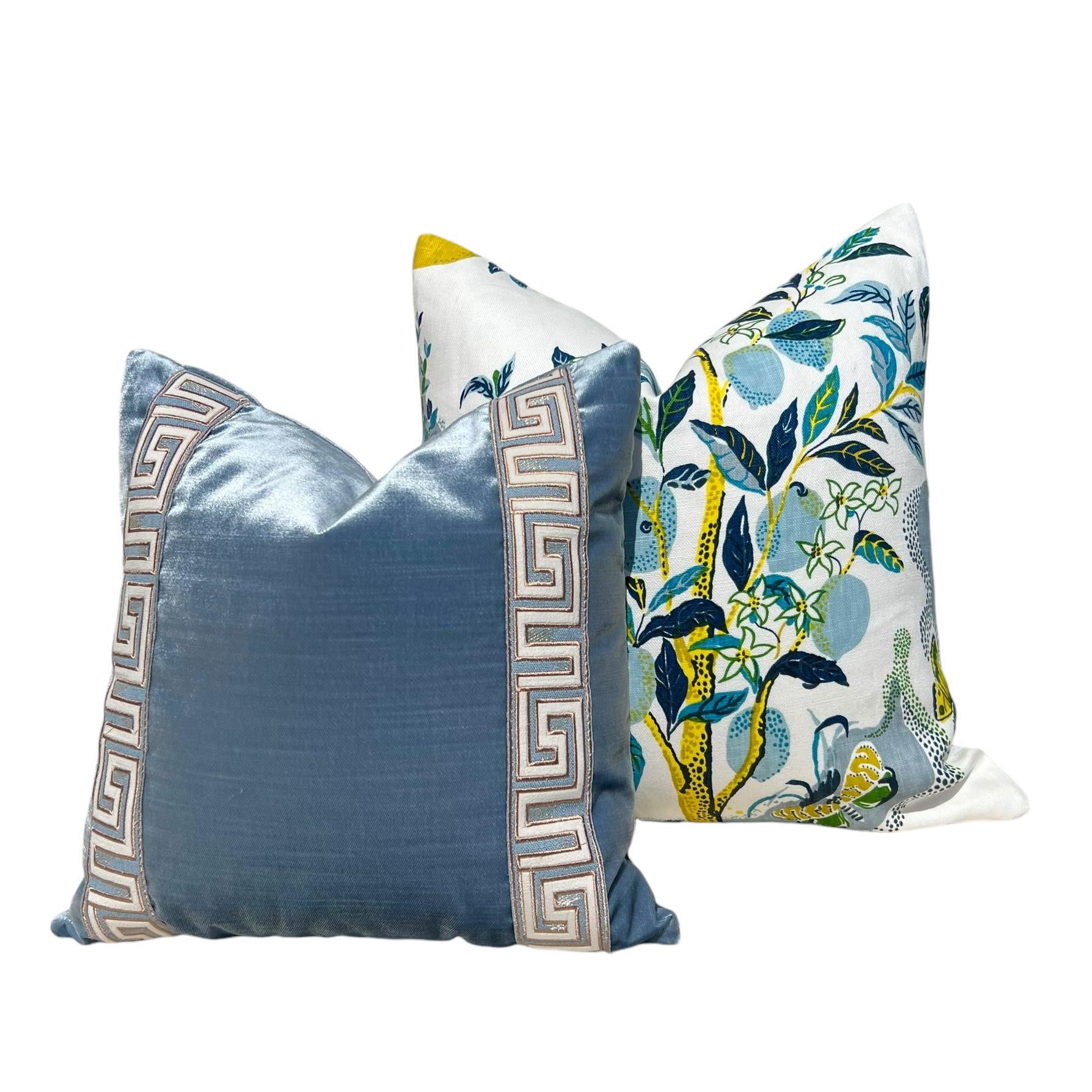 Schumacher Citrus Garden Linen Pillow Cover in Pool, Designer Floral Cushion with Lemons, Aqua Blue Linen Pillow Cover, Lumbar Citrus Pillow