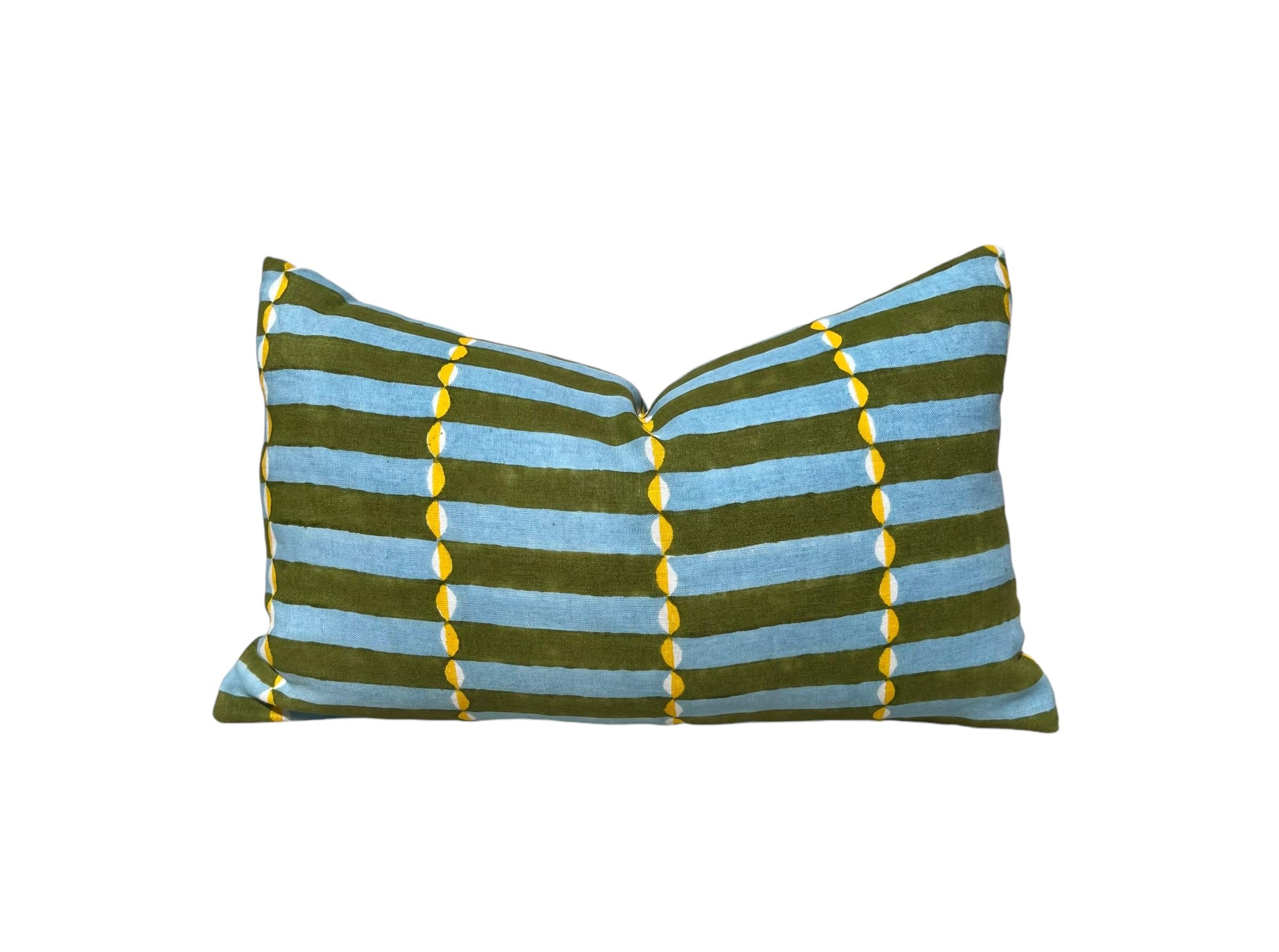 Schumacher Luna Hand Block Print Linen Pillow in Khaki by Molly Mahon – Designer Pillow Cover, Modern Geometric Decorative Cushion Covers