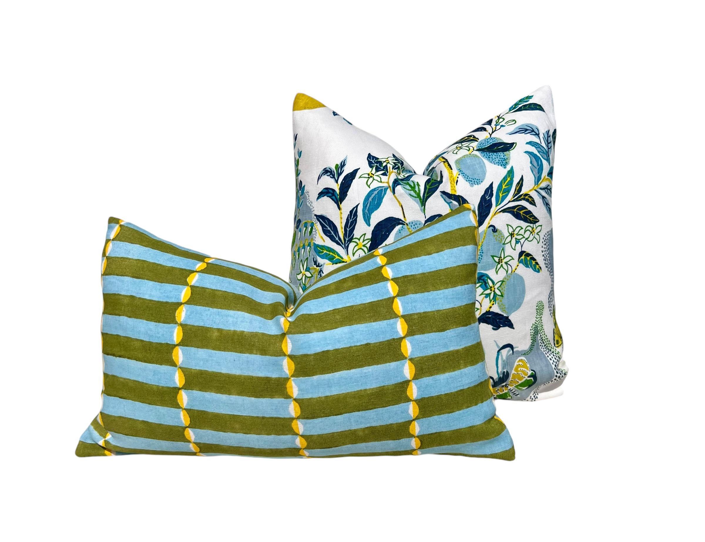 Schumacher Luna Hand Block Print Linen Pillow in Khaki by Molly Mahon – Designer Pillow Cover, Modern Geometric Decorative Cushion Covers