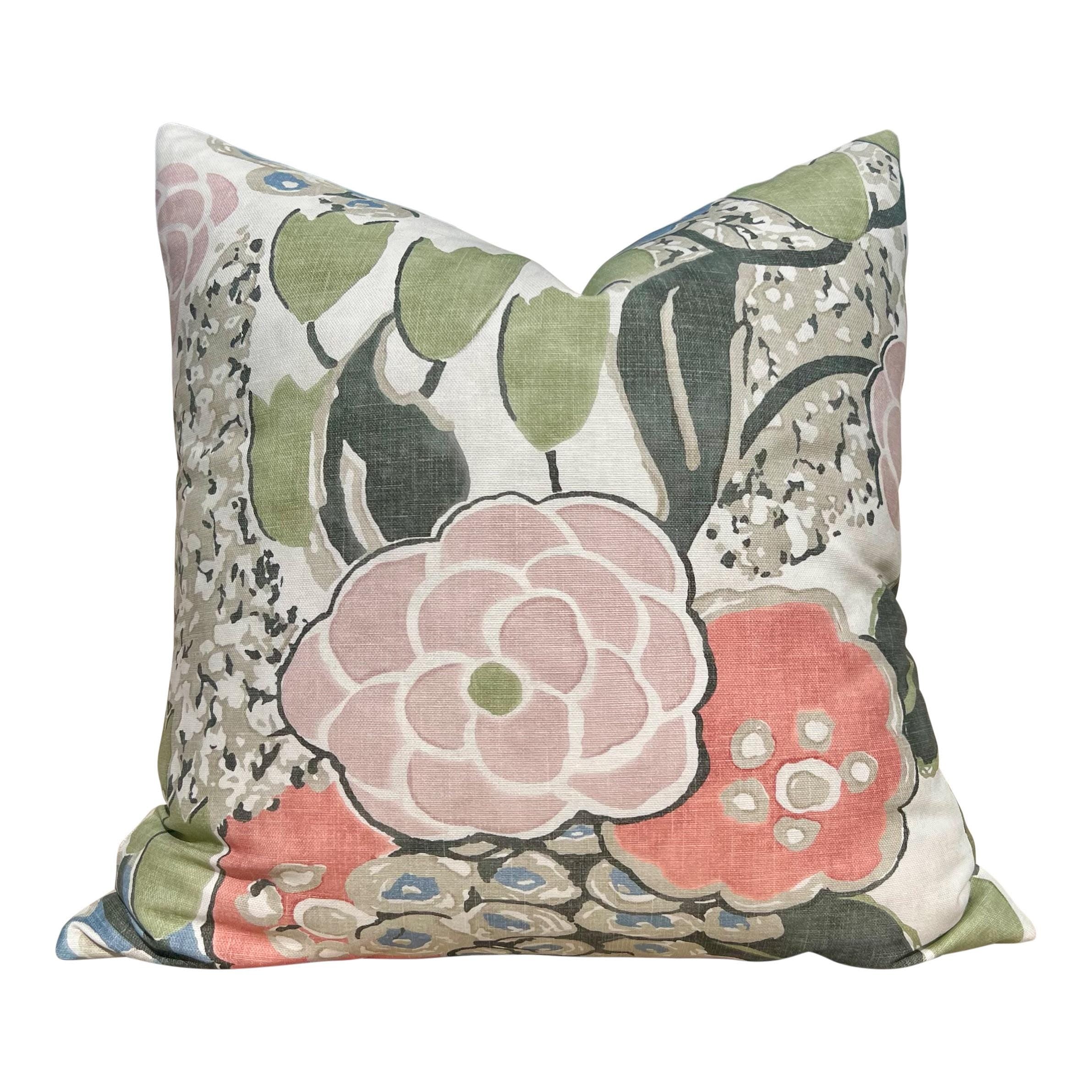 Thibaut Laura Pillow Cover in Blush and Green – Linen Floral Decorative Throw Pillow, Bold Floral Cushion, Designer Home Décor Accent