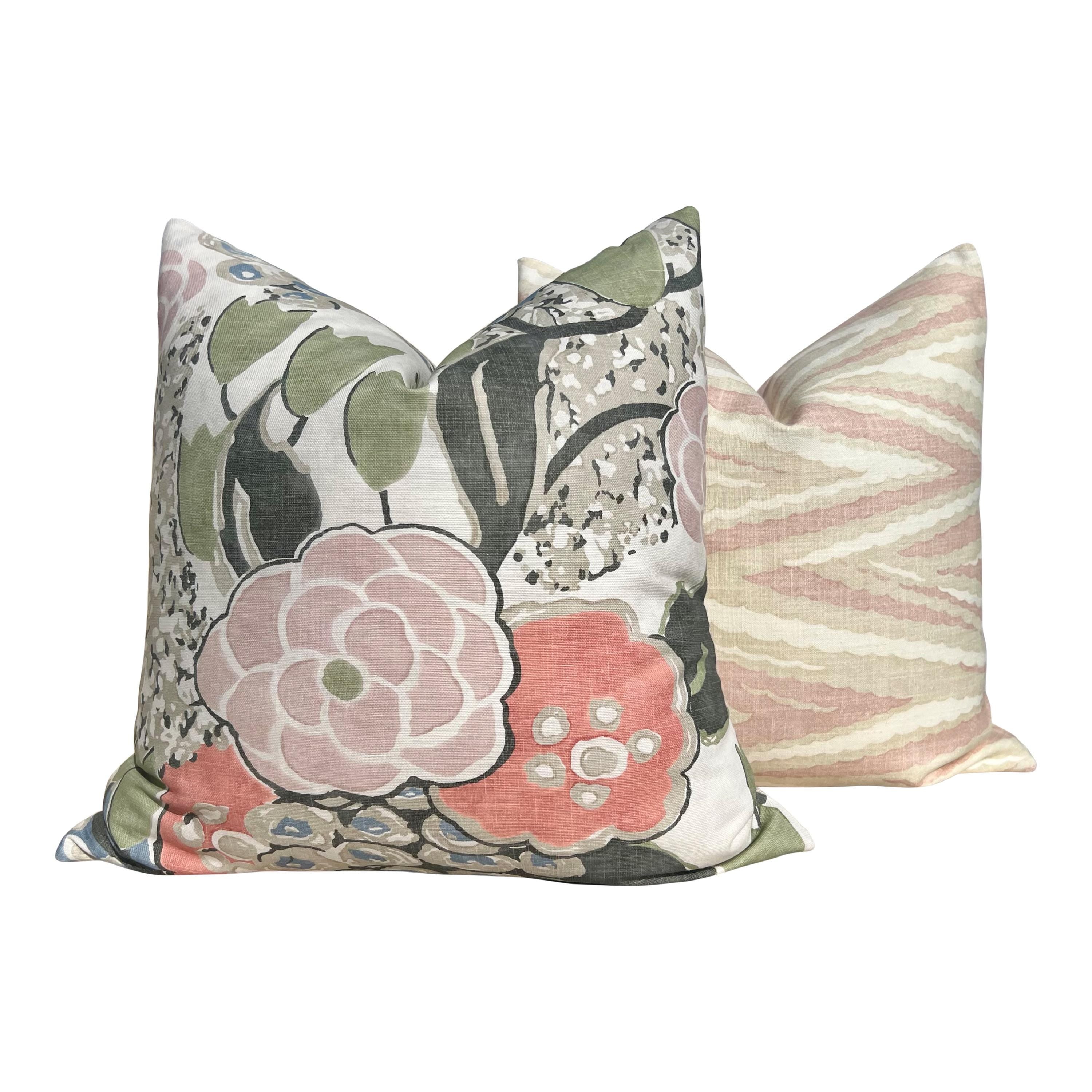 Thibaut Laura Pillow Cover in Blush and Green – Linen Floral Decorative Throw Pillow, Bold Floral Cushion, Designer Home Décor Accent