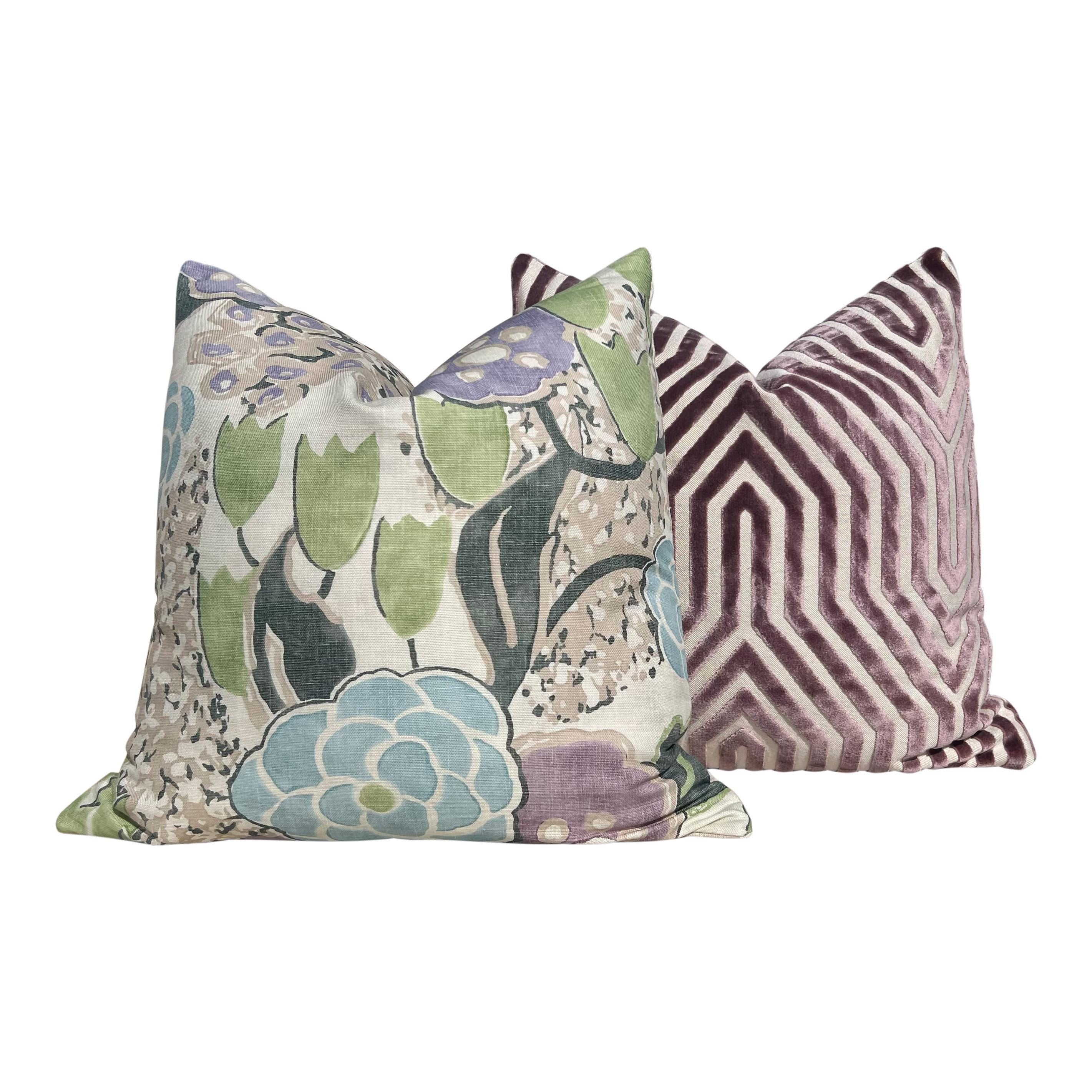 Thibaut Laura Pillow Cover in Lavender and Green – Linen Floral Decorative Throw Pillow, Bold Floral Cushion, Designer Home Décor Accent