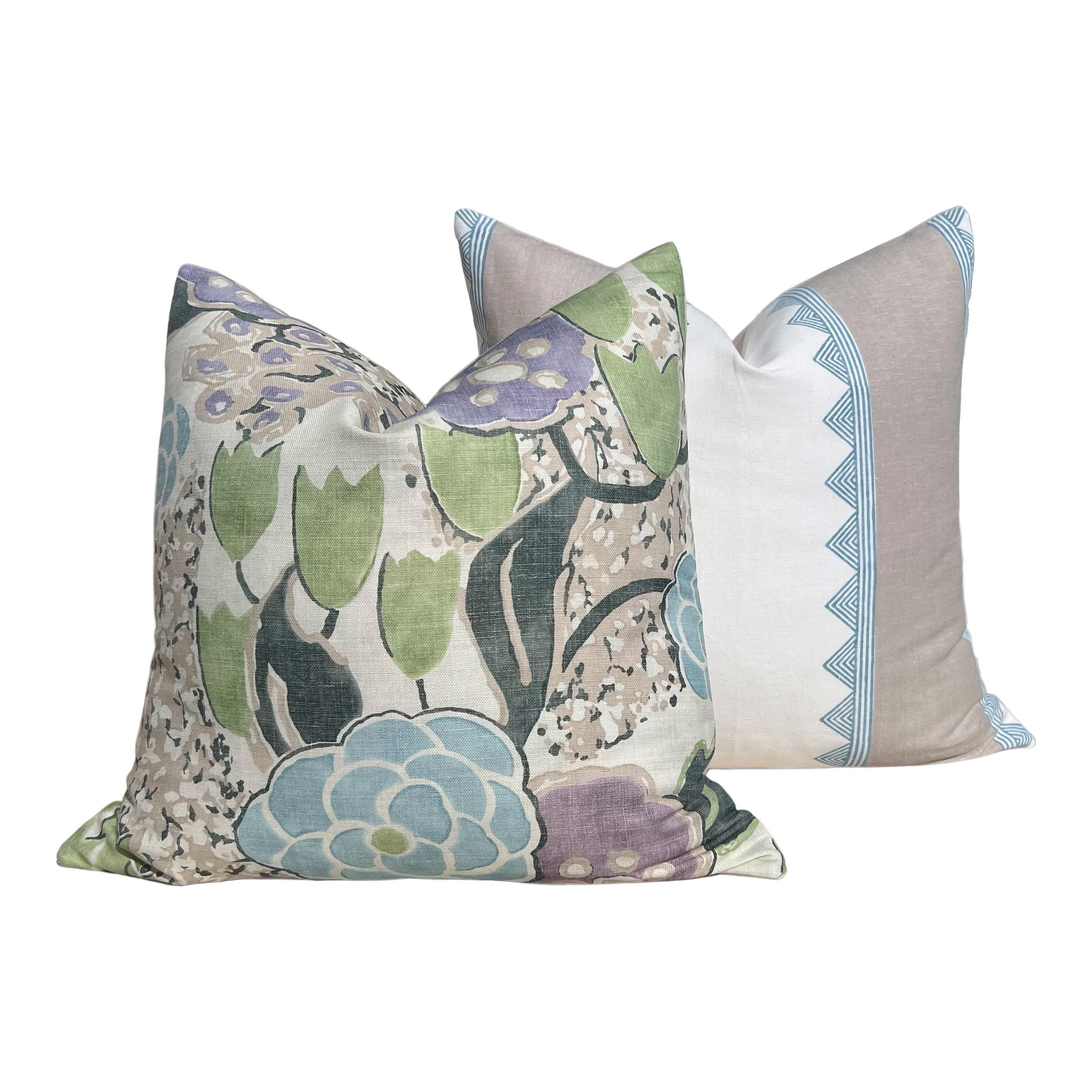 Thibaut Laura Pillow Cover in Lavender and Green – Linen Floral Decorative Throw Pillow, Bold Floral Cushion, Designer Home Décor Accent