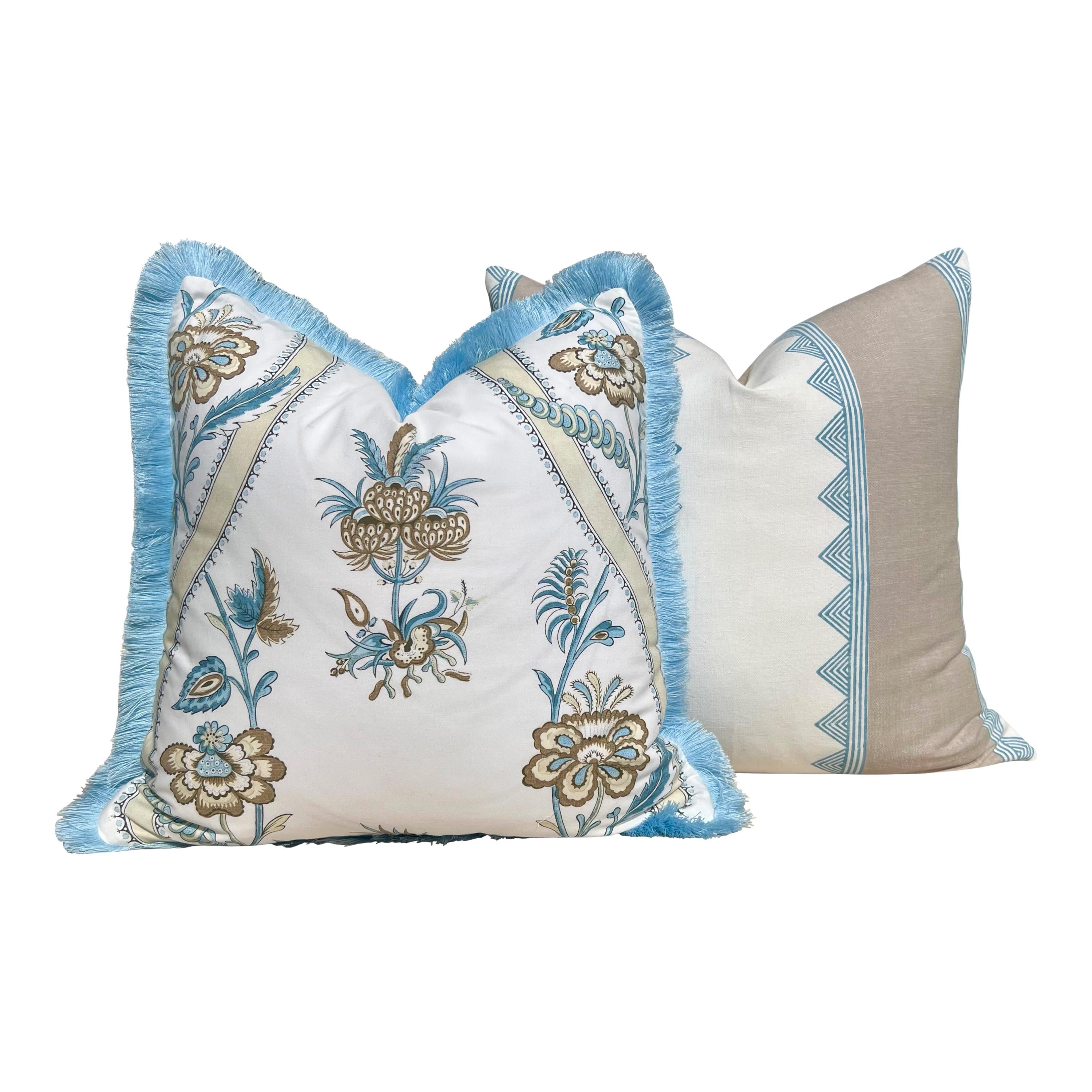 Thibaut Ribbon Floral Pillow Cover in Beige & Spa Blue – Floral Throw Pillow with Trim, Bold Designer Cushion Cover in White, Beige, Blue