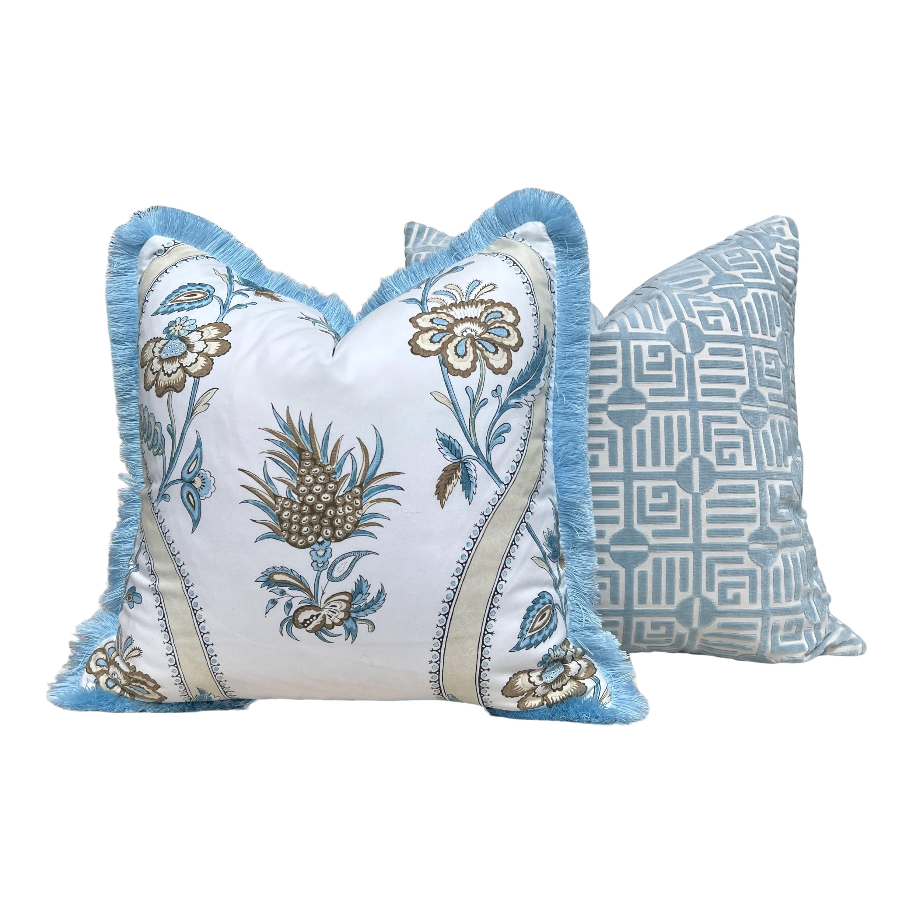Thibaut Ribbon Floral Pillow Cover in Beige & Spa Blue – Floral Throw Pillow with Trim, Bold Designer Cushion Cover in White, Beige, Blue