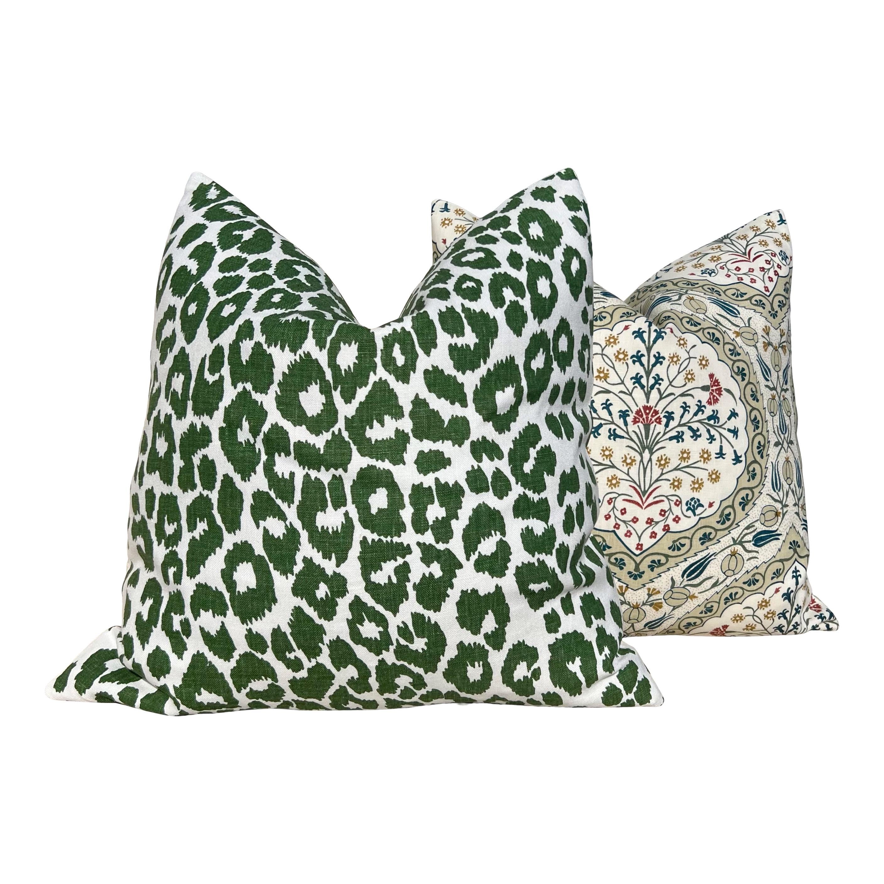 Schumacher Iconic Leopard Linen Pillow in Green. Designer High End Decorative Leopard Pillows, Accent Linen Pillow Cover in Green and White