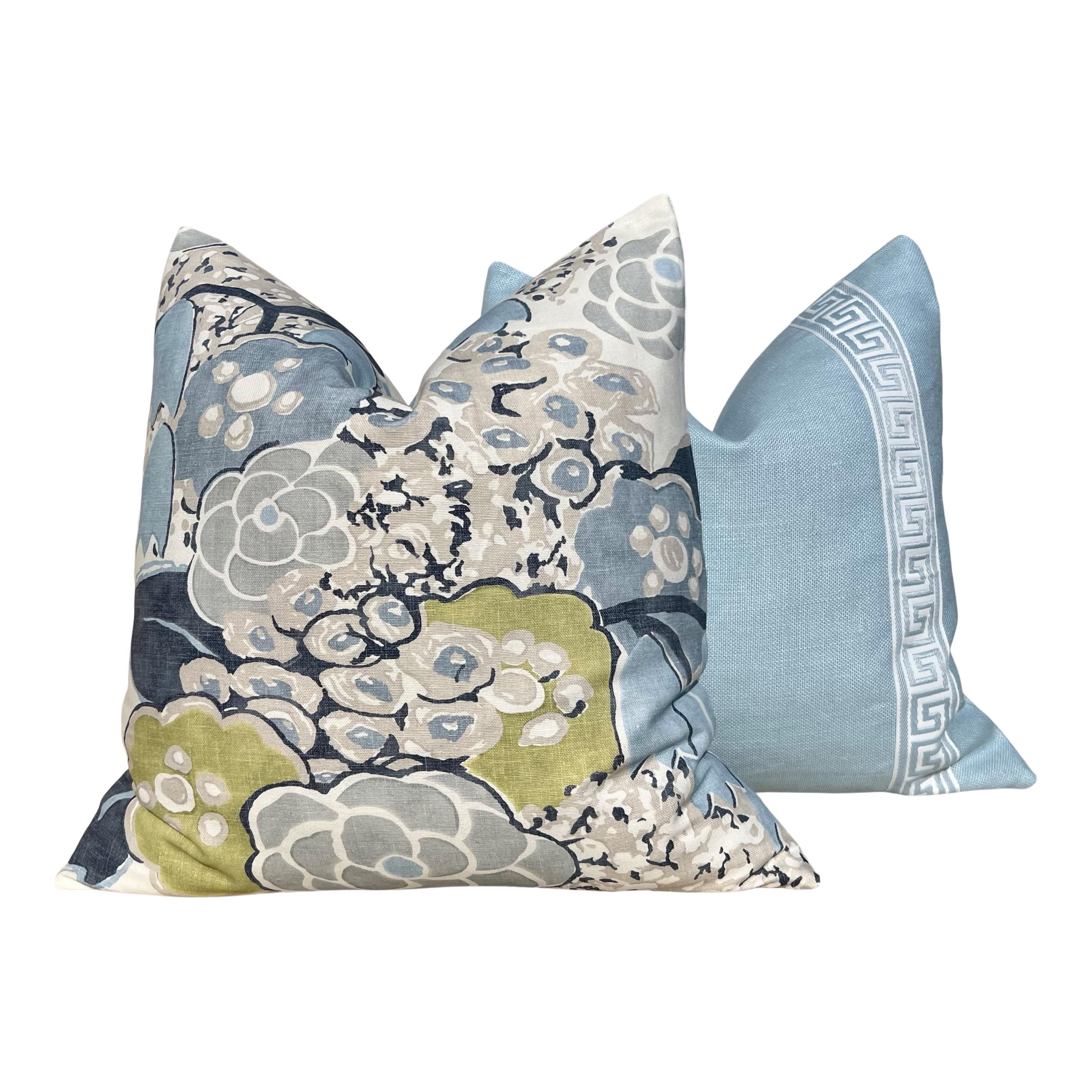 Thibaut Laura Pillow Cover in Blue – Linen Floral Decorative Throw Pillow, Bold Floral Cushion Blue and Green, Designer Home Décor Accent