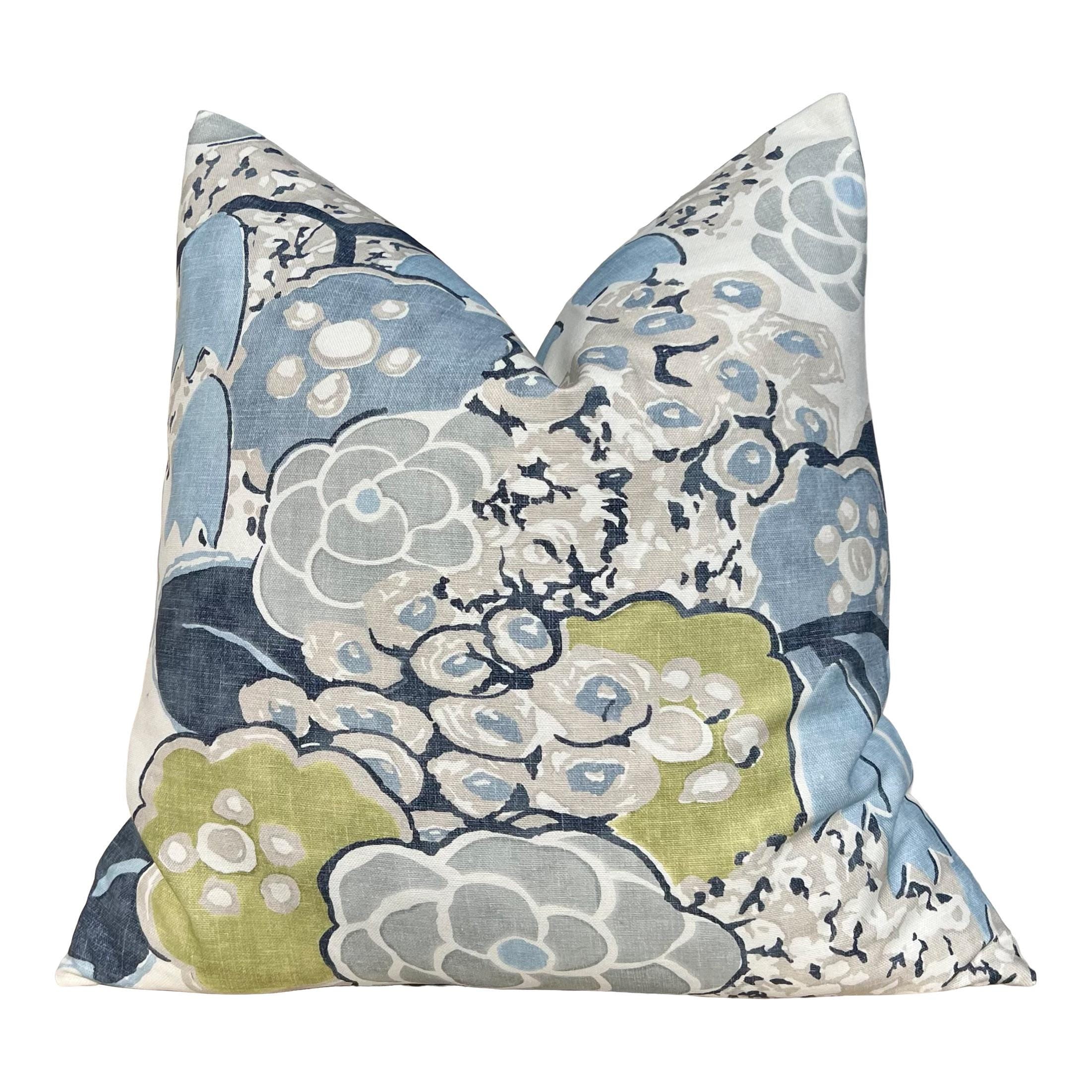 Thibaut Laura Pillow Cover in Blue – Linen Floral Decorative Throw Pillow, Bold Floral Cushion Blue and Green, Designer Home Décor Accent