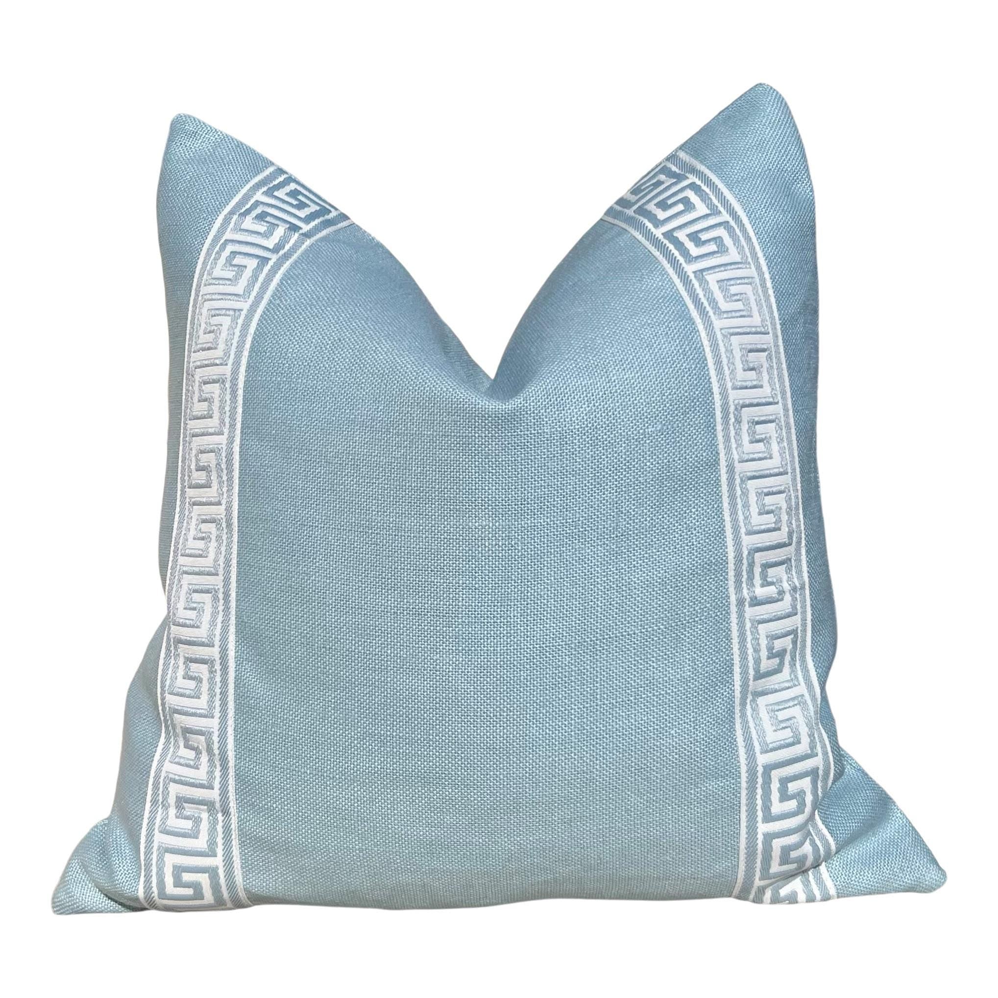 Designer Greek Key Linen Pillow in Sky Blue, High-End Coastal Throw Pillow, Modern Accent Greek Key Blue Cushion, Luxury Home Décor