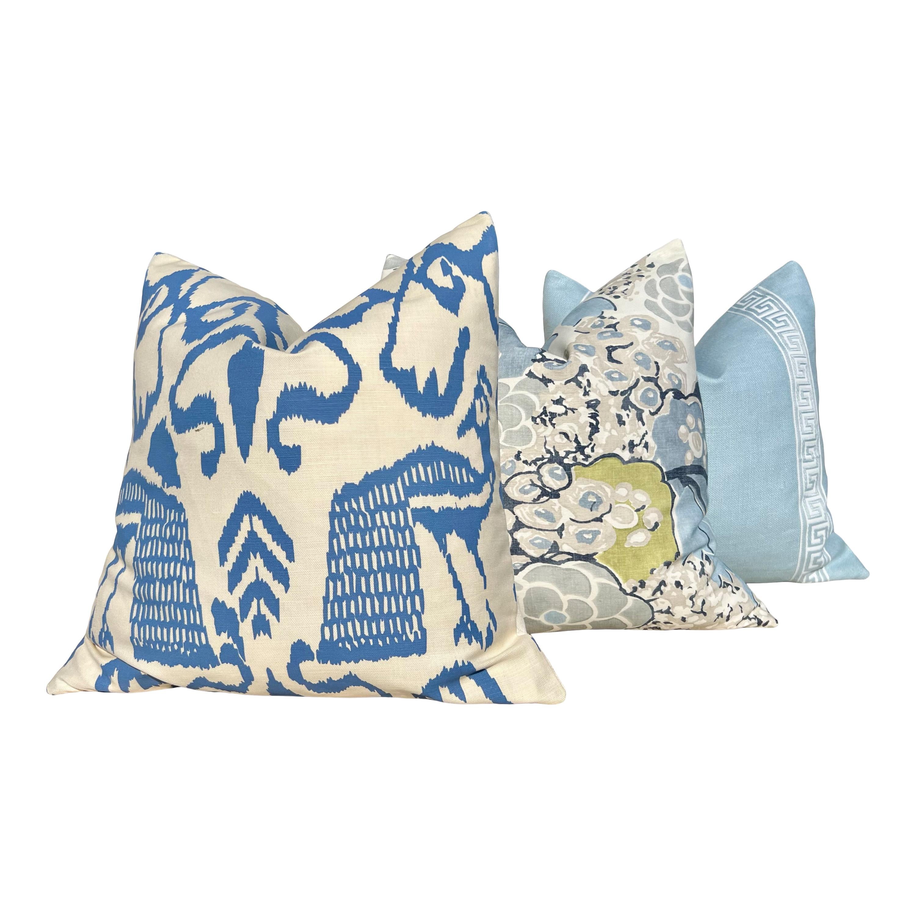 Quadrille Bali Isle Linen Pillow in Blue and Cream, Designer Modern Coastal Throw Pillow, Luxury Accent Cushion Cover, High-End Home Décor,