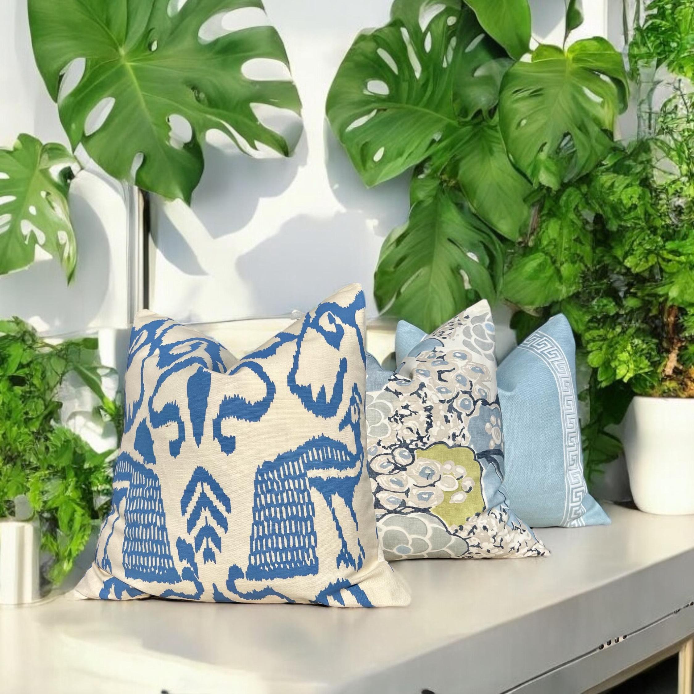 Quadrille Bali Isle Linen Pillow in Blue and Cream, Designer Modern Coastal Throw Pillow, Luxury Accent Cushion Cover, High-End Home Décor,