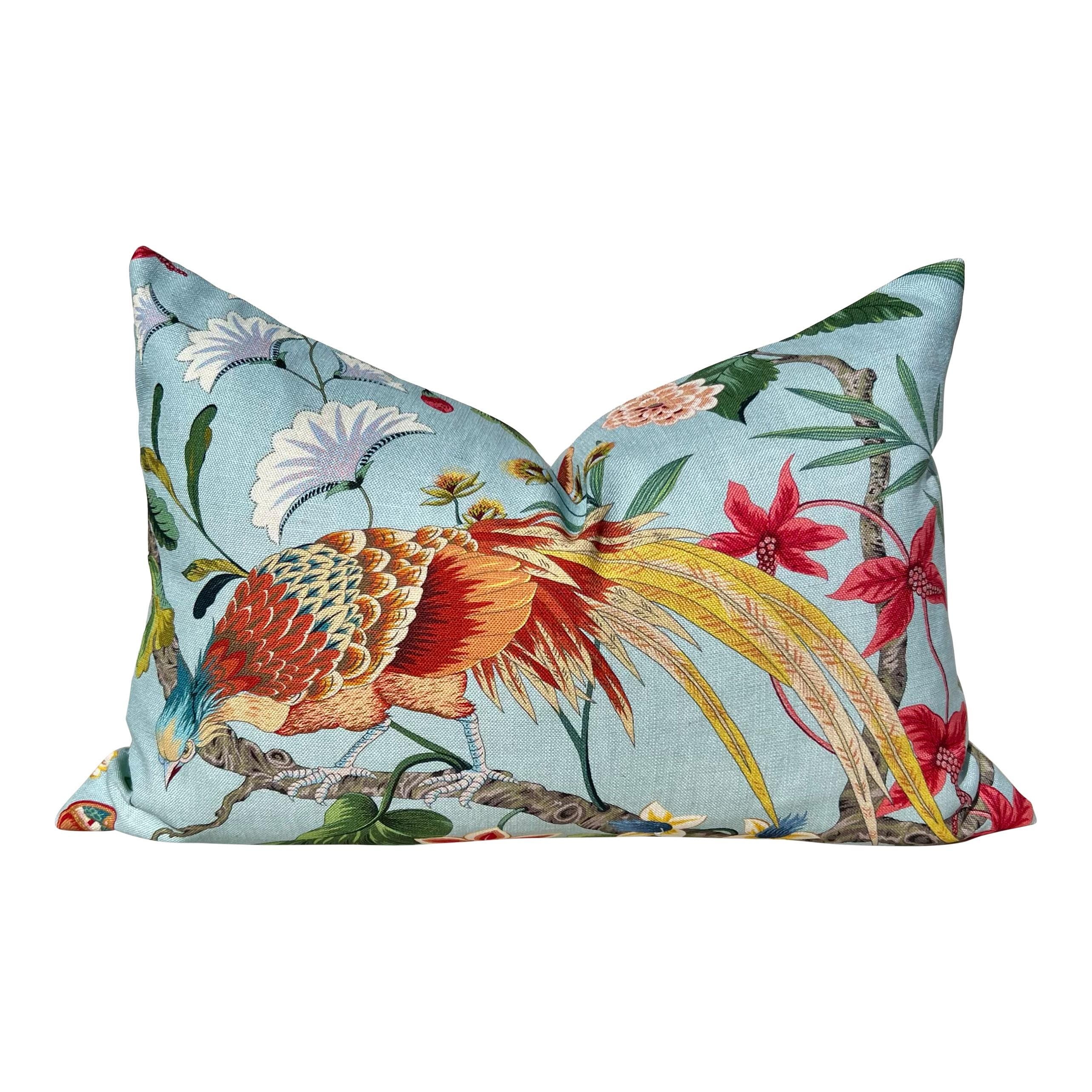 Scalamandre Botany Bay Pillow in Aqua, Designer Bird and Floral Linen Cushion, Luxury Throw Pillow, High-End Tropical Home Décor