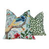 Scalamandre Botany Bay Pillow in Aqua, Designer Bird and Floral Linen Cushion, Luxury Throw Pillow, High-End Tropical Home Décor